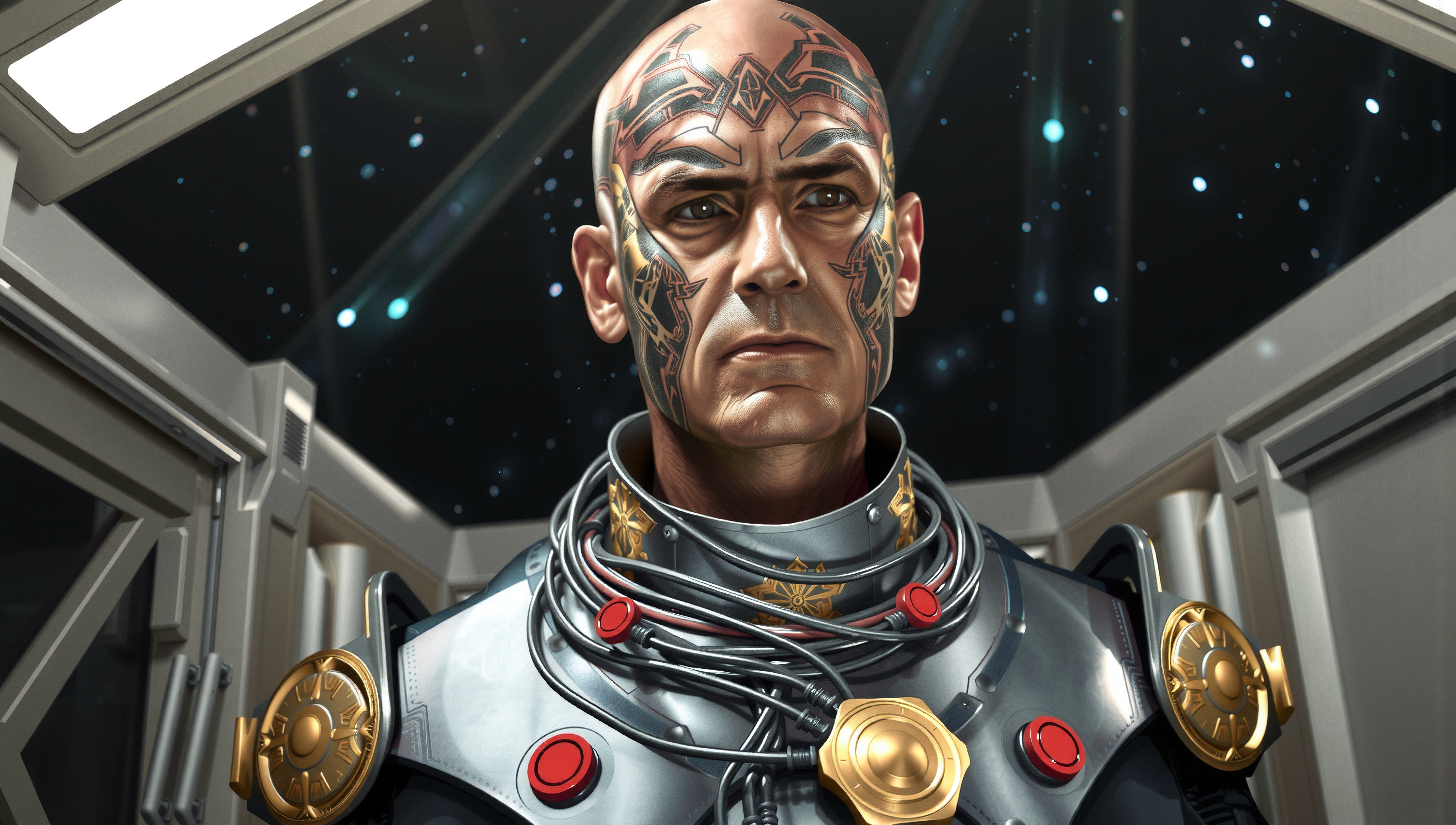 A bald man with black facial tattoos wearing a futuristic metallic suit with cables, inside a spaceship with stars visible.