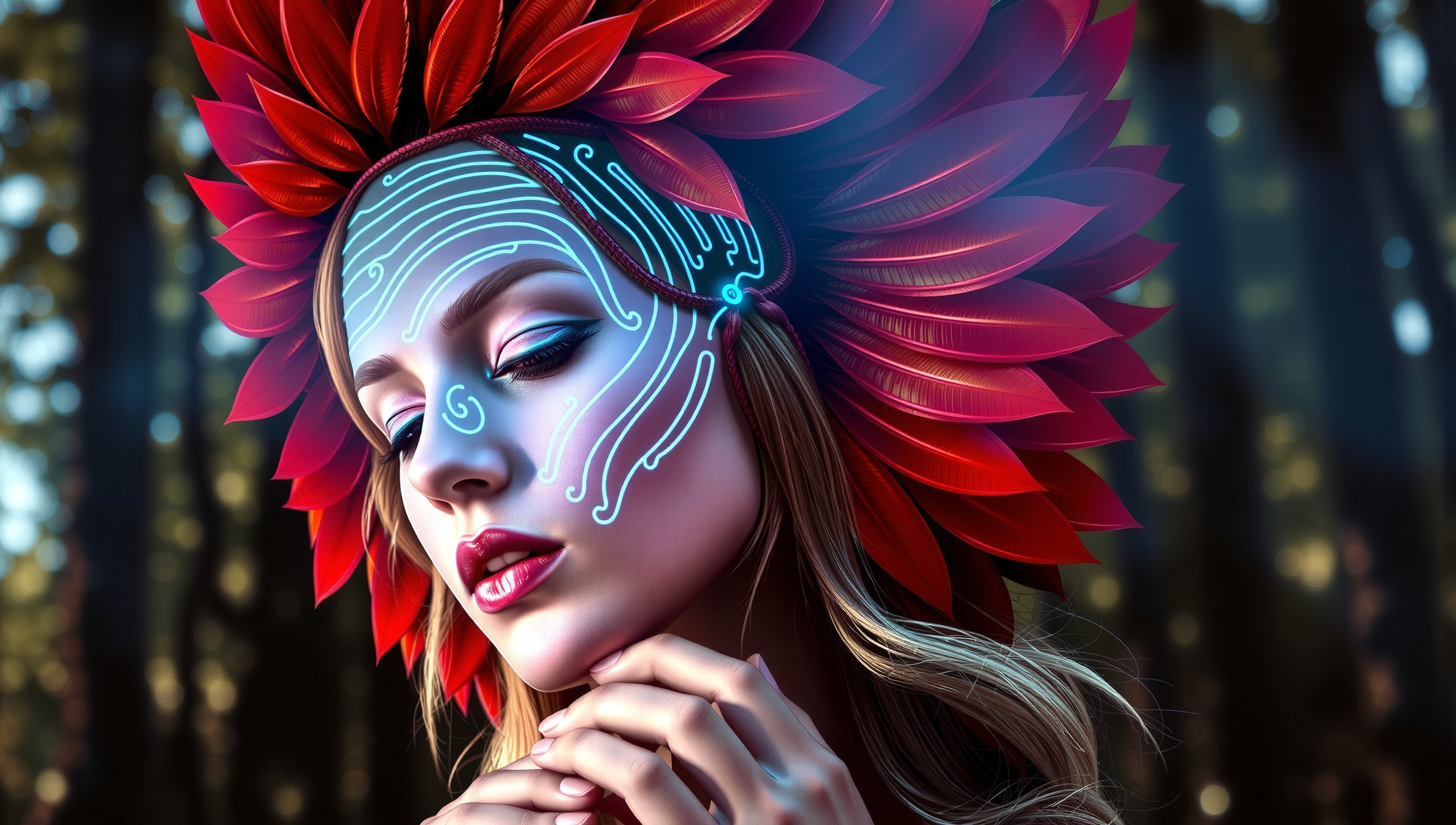 A woman wearing a vibrant red petal headdress with glowing blue designs on her face, set against a blurred forest background, exuding mystical beauty.