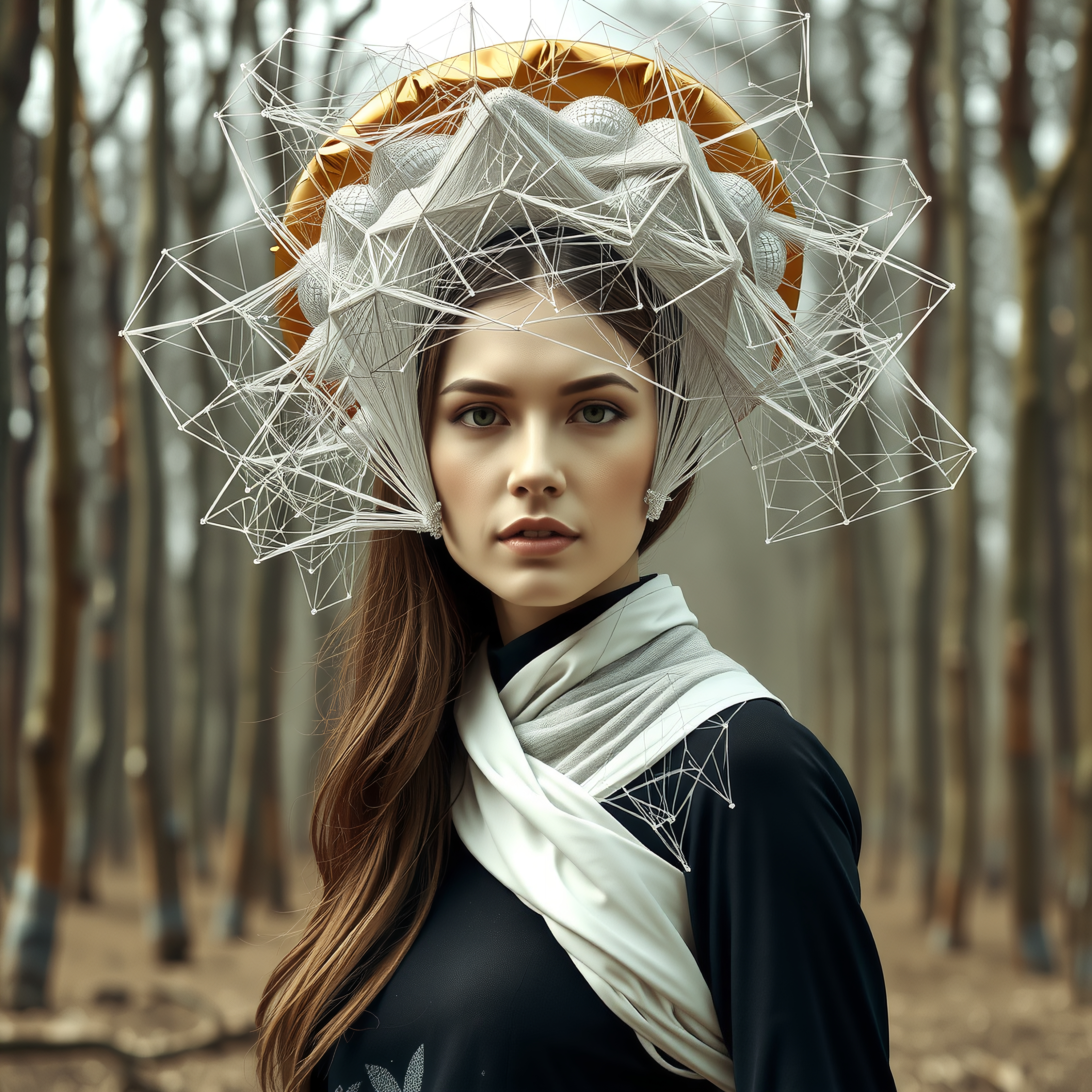 A woman with a geometrical headpiece stands mysteriously in a serene forest.
