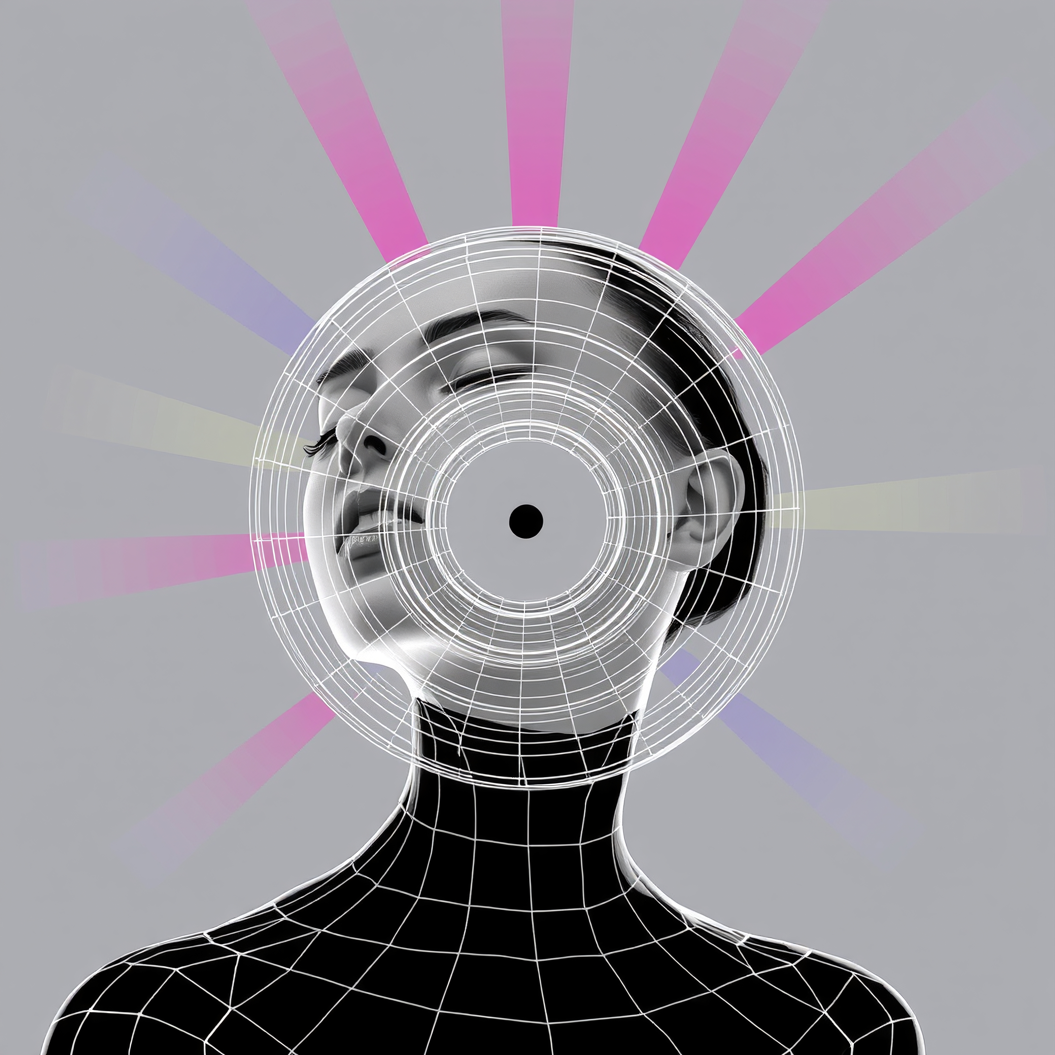 A grayscale female figure in a cybernetic wireframe emits colorful beams on a grey background, blending human emotion with digital abstraction.