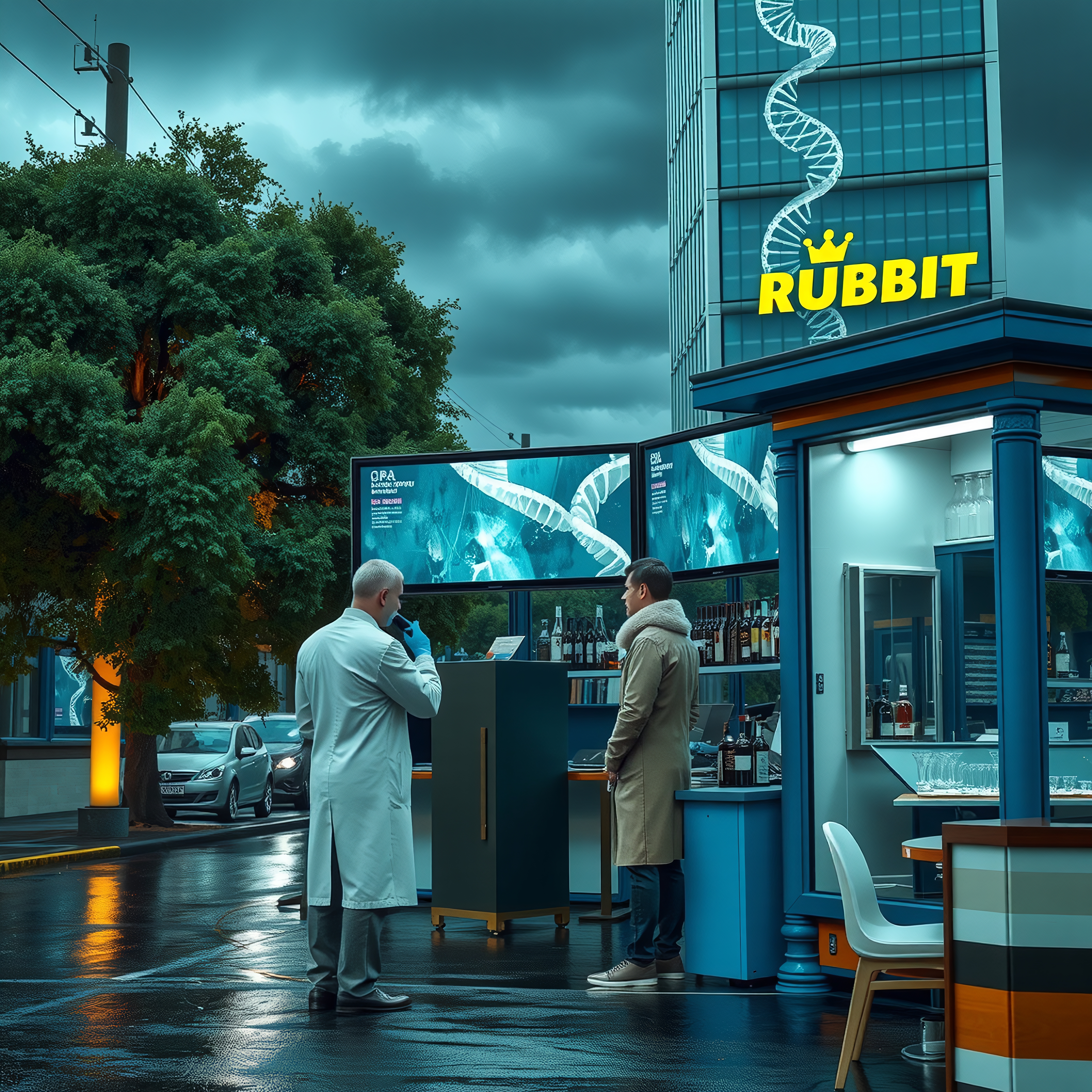 A modern urban bar with DNA helix-inspired backdrop and scientific theme.