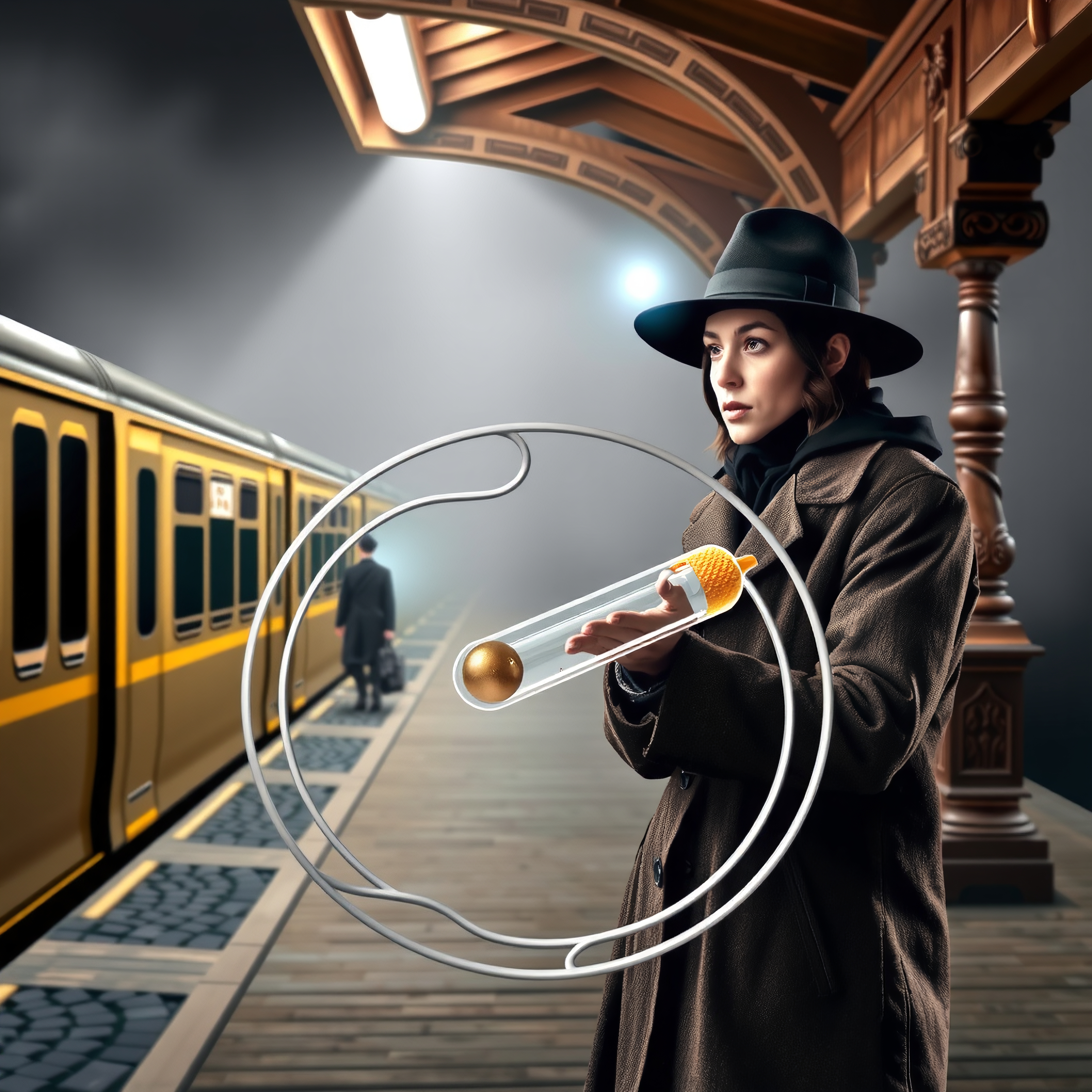 A mysterious woman on a vintage train platform holding a futuristic device.