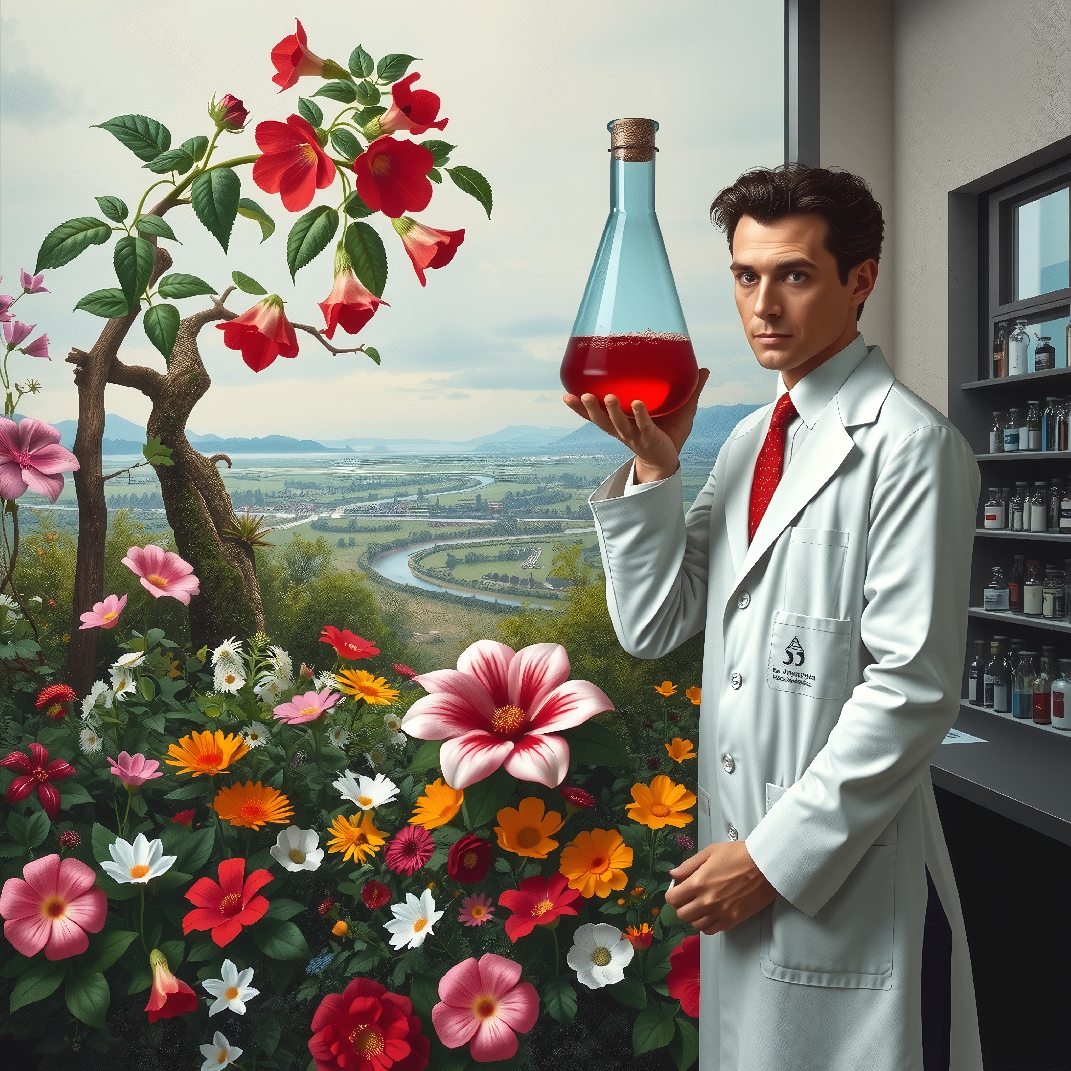 A scientist in a lab coat holding a red liquid by a window overlooking a vibrant floral garden.