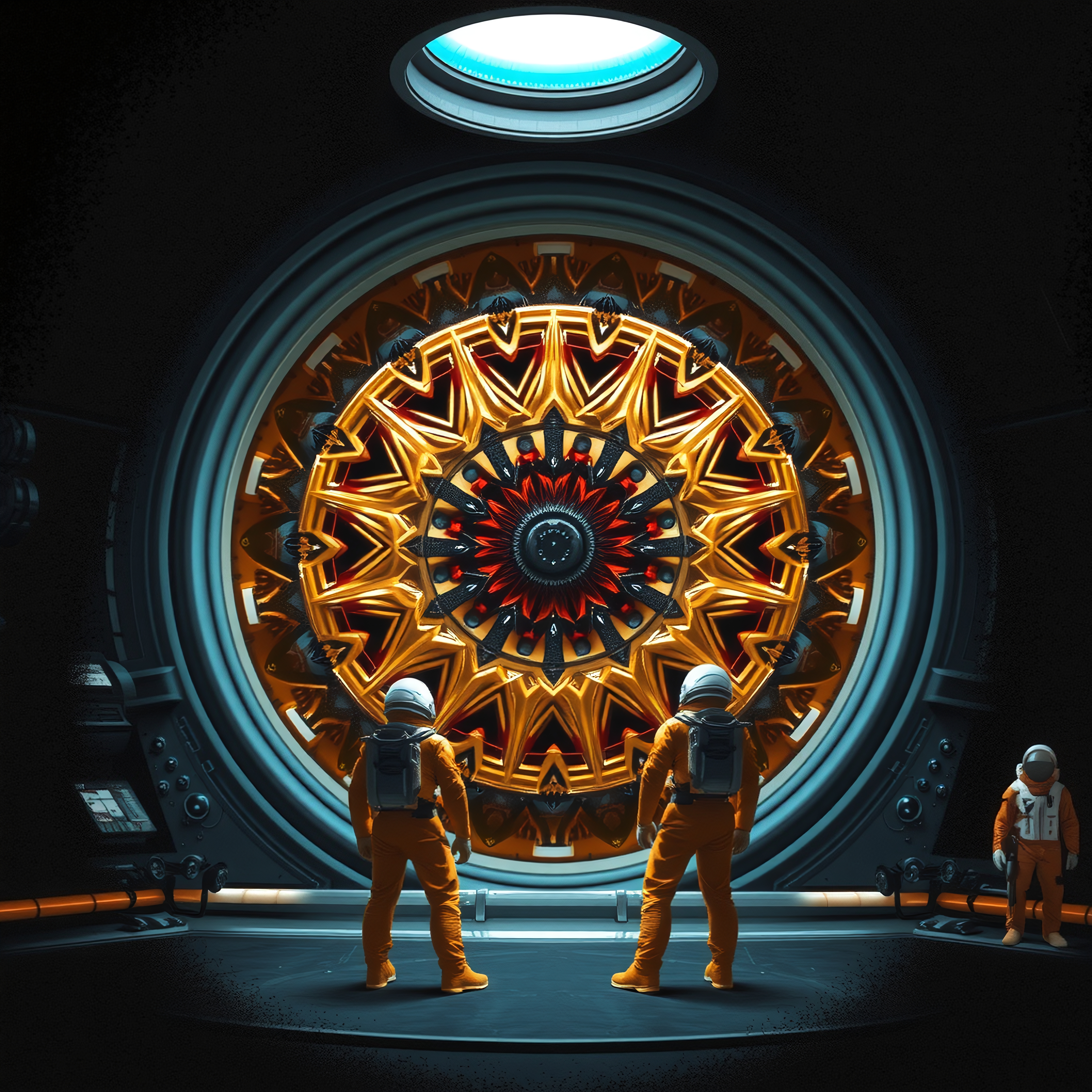 Futuristic astronauts examining cosmic portal interior.
