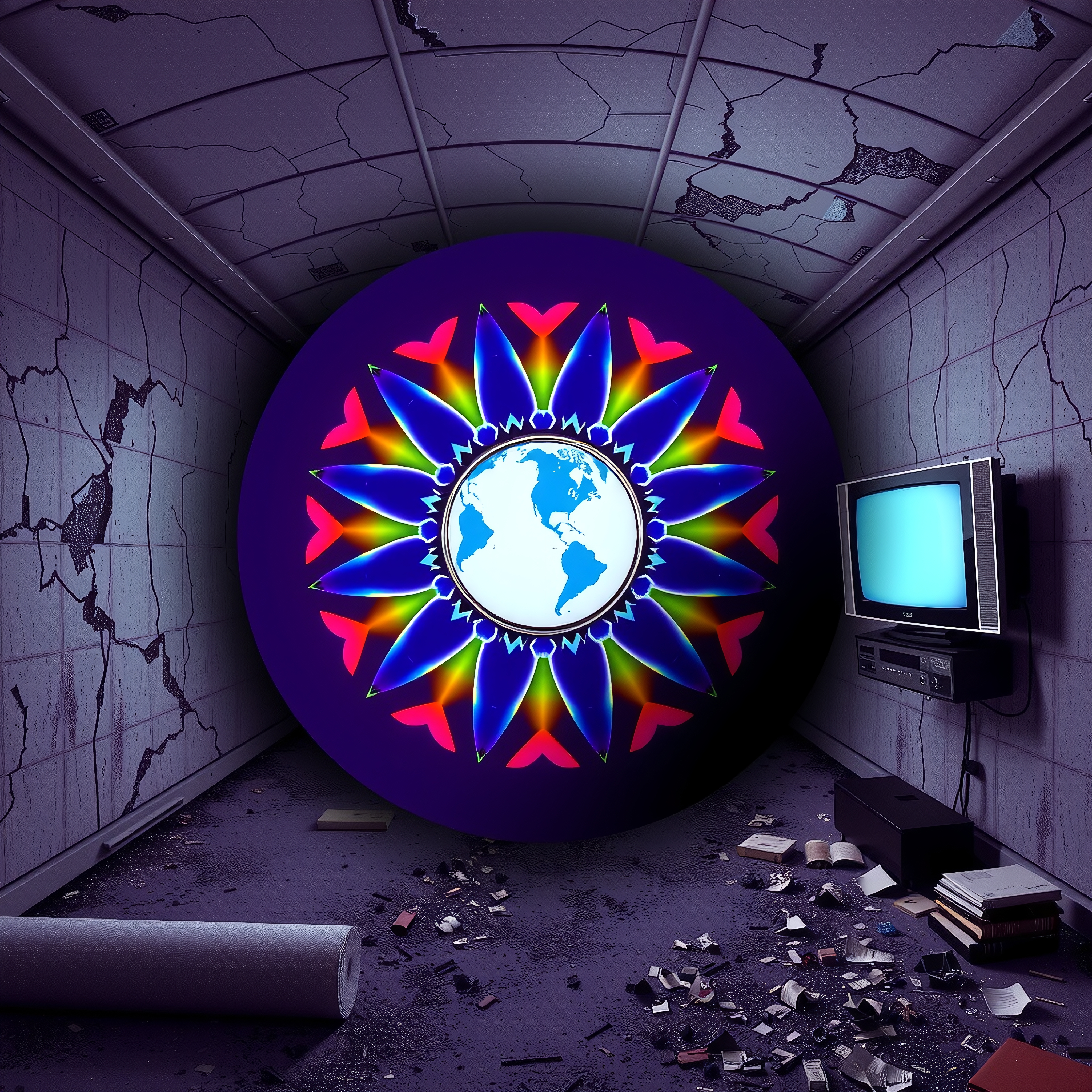 A vibrant mural contrasts with a decaying hallway interior.