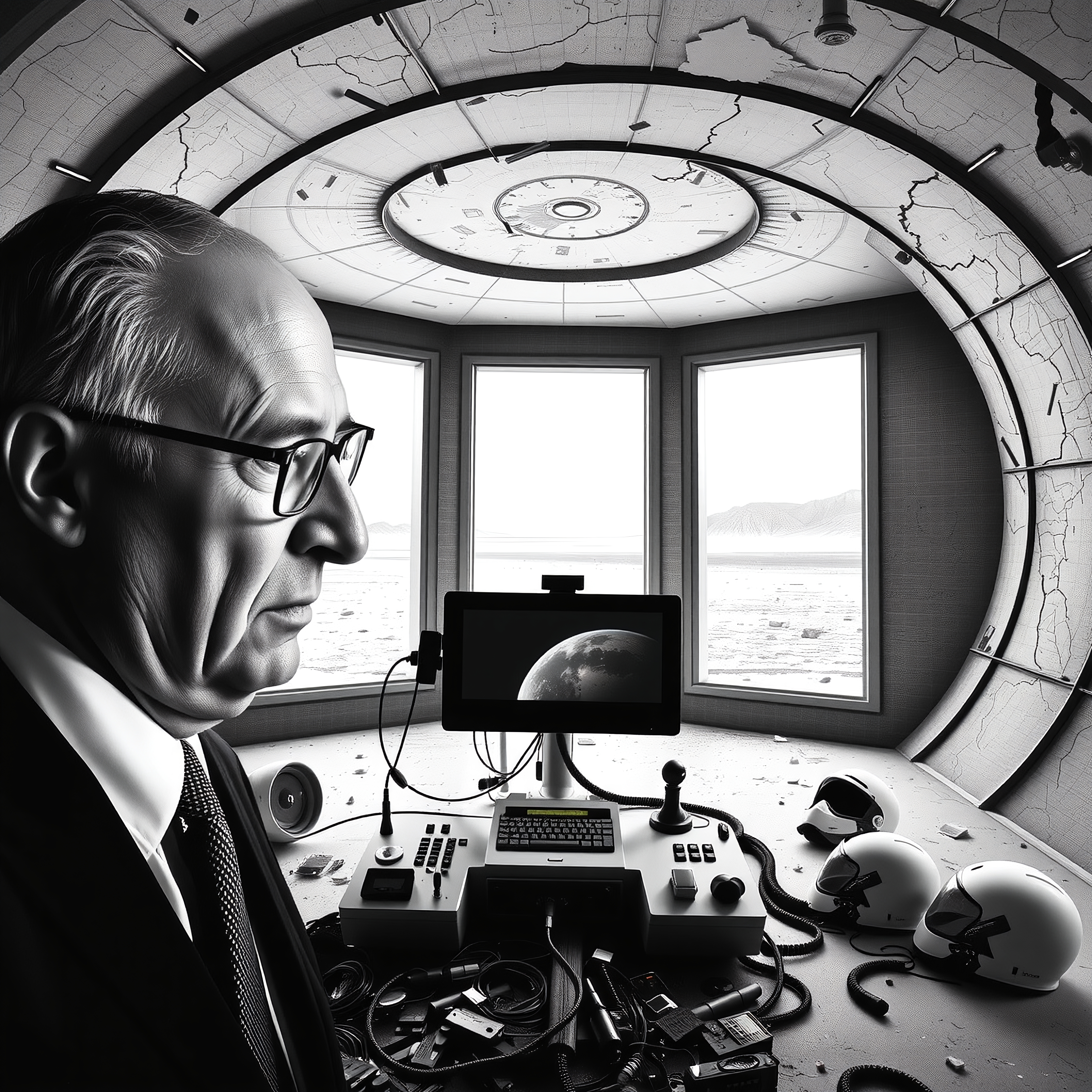 A distinguished man in a futuristic control room with Earth on monitor.