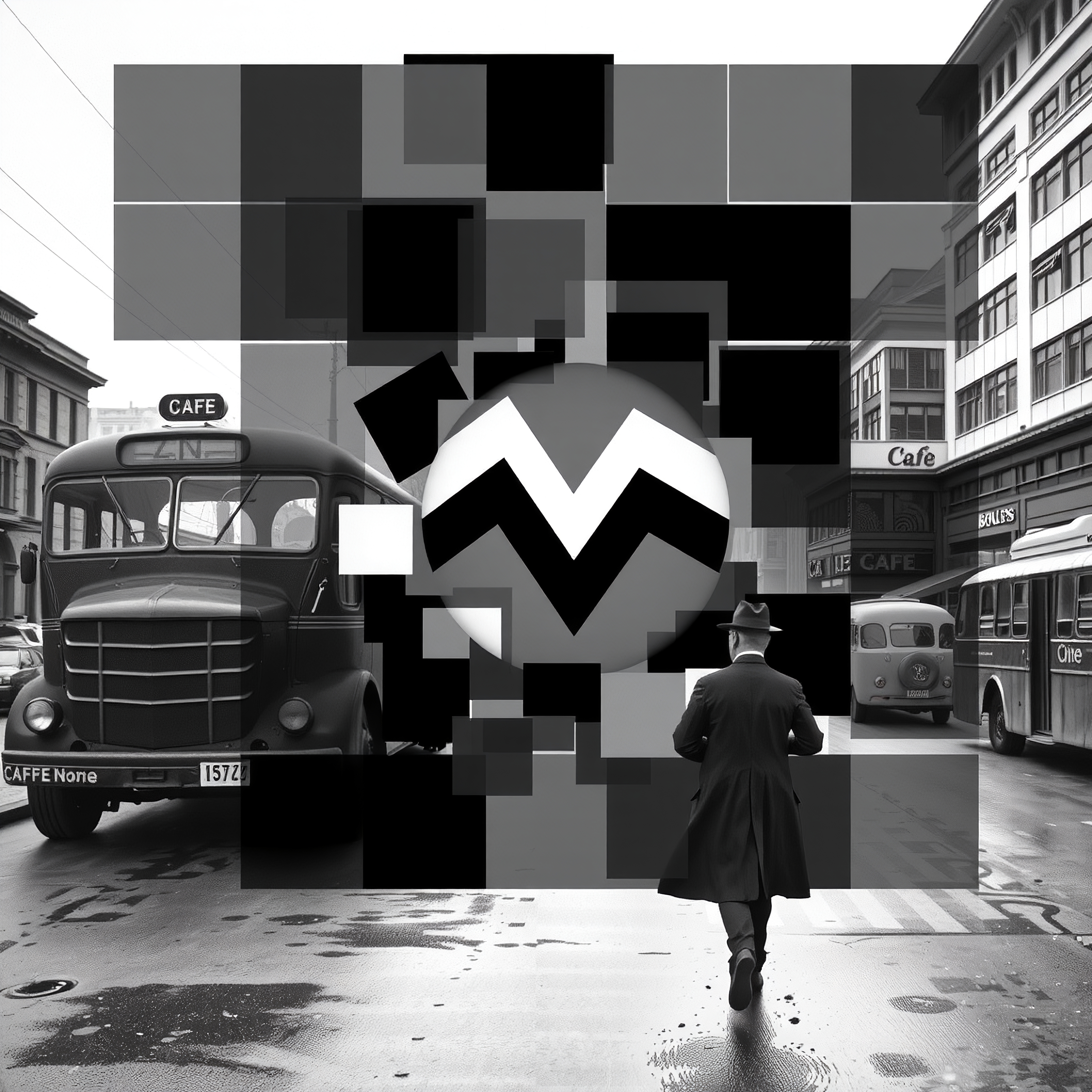 Black-and-white abstract city scene with bus.