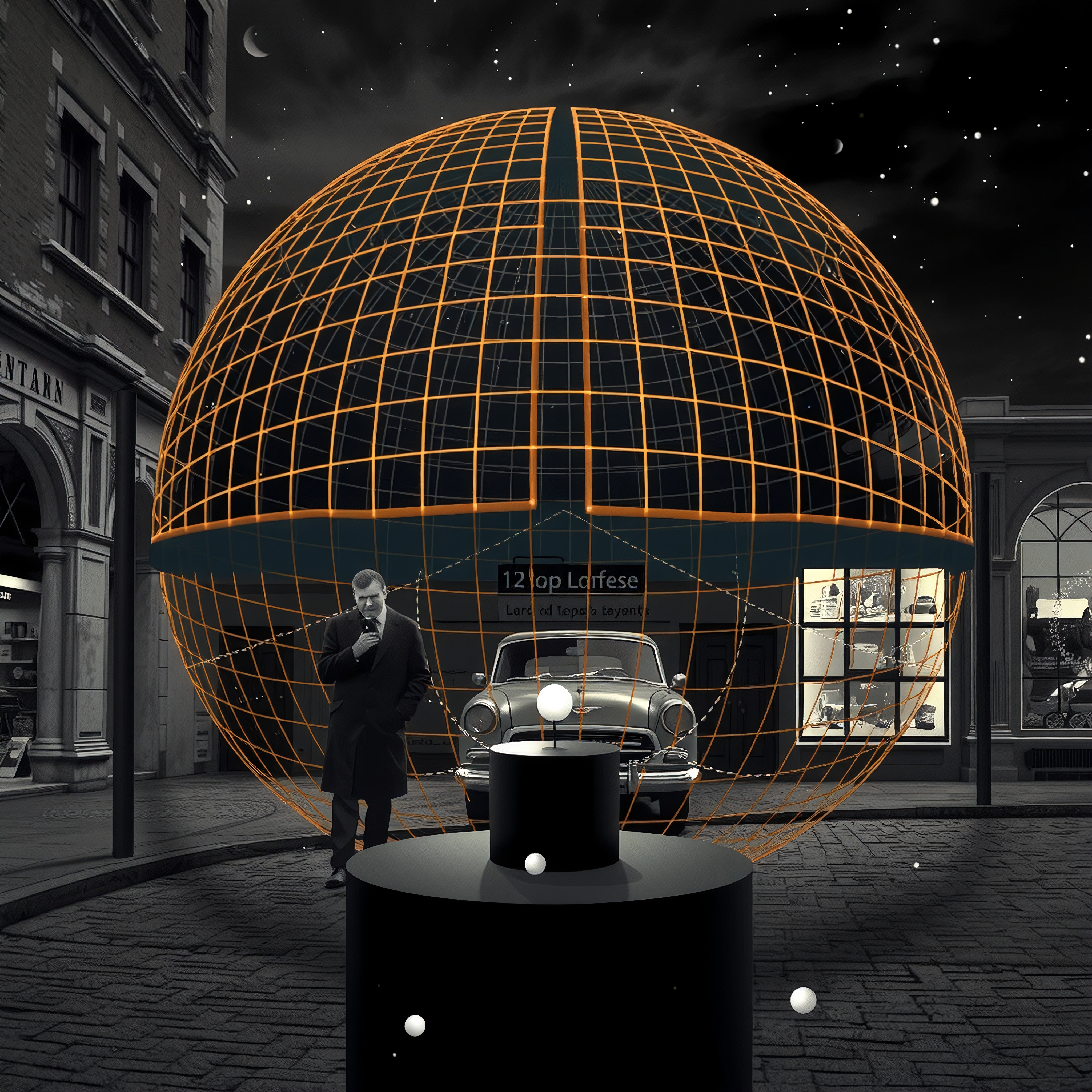 A large glowing geodesic sphere encircles a vintage car at night amidst a futuristic cityscape.