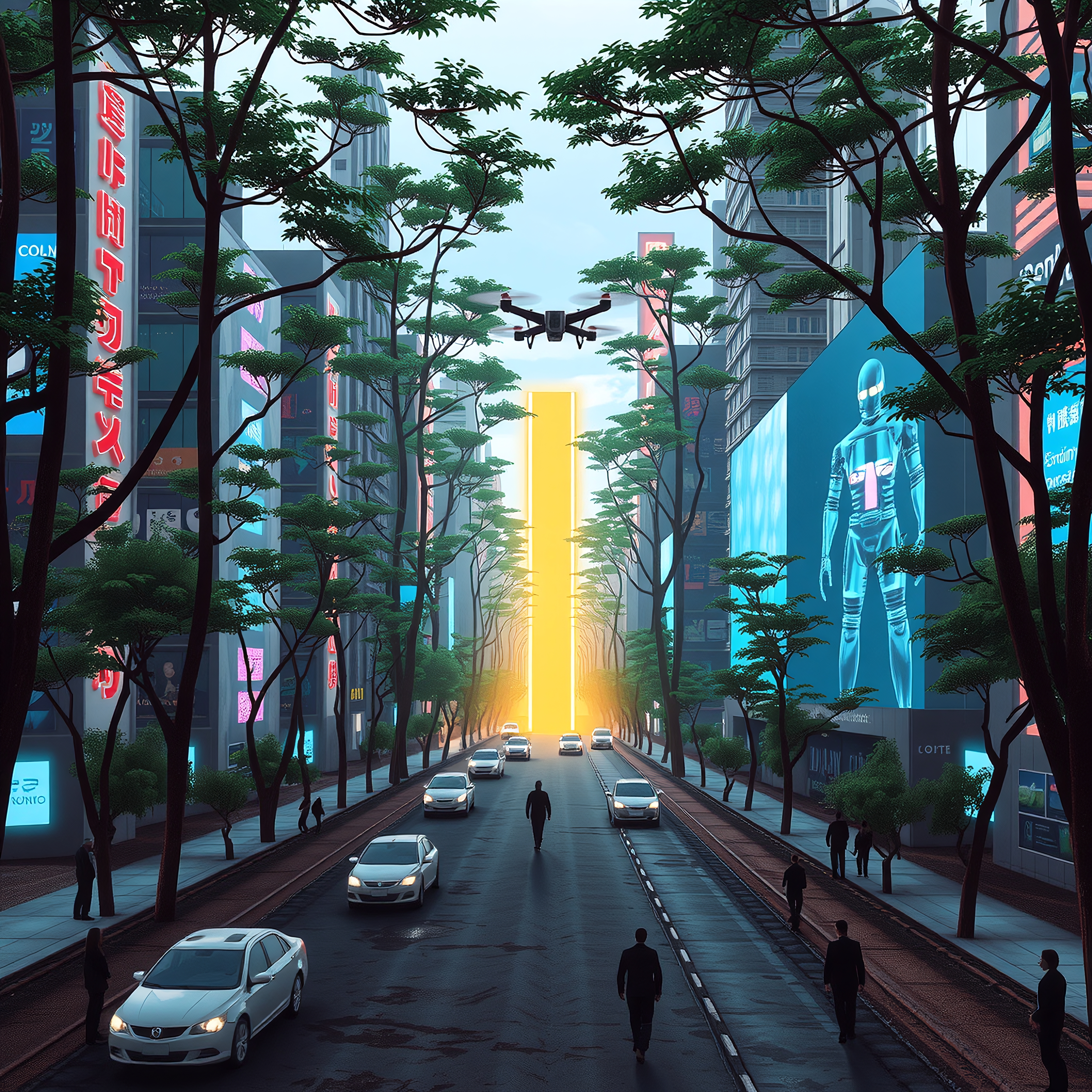 Futuristic street scene with neon lights, drones, and digital billboards in a city.