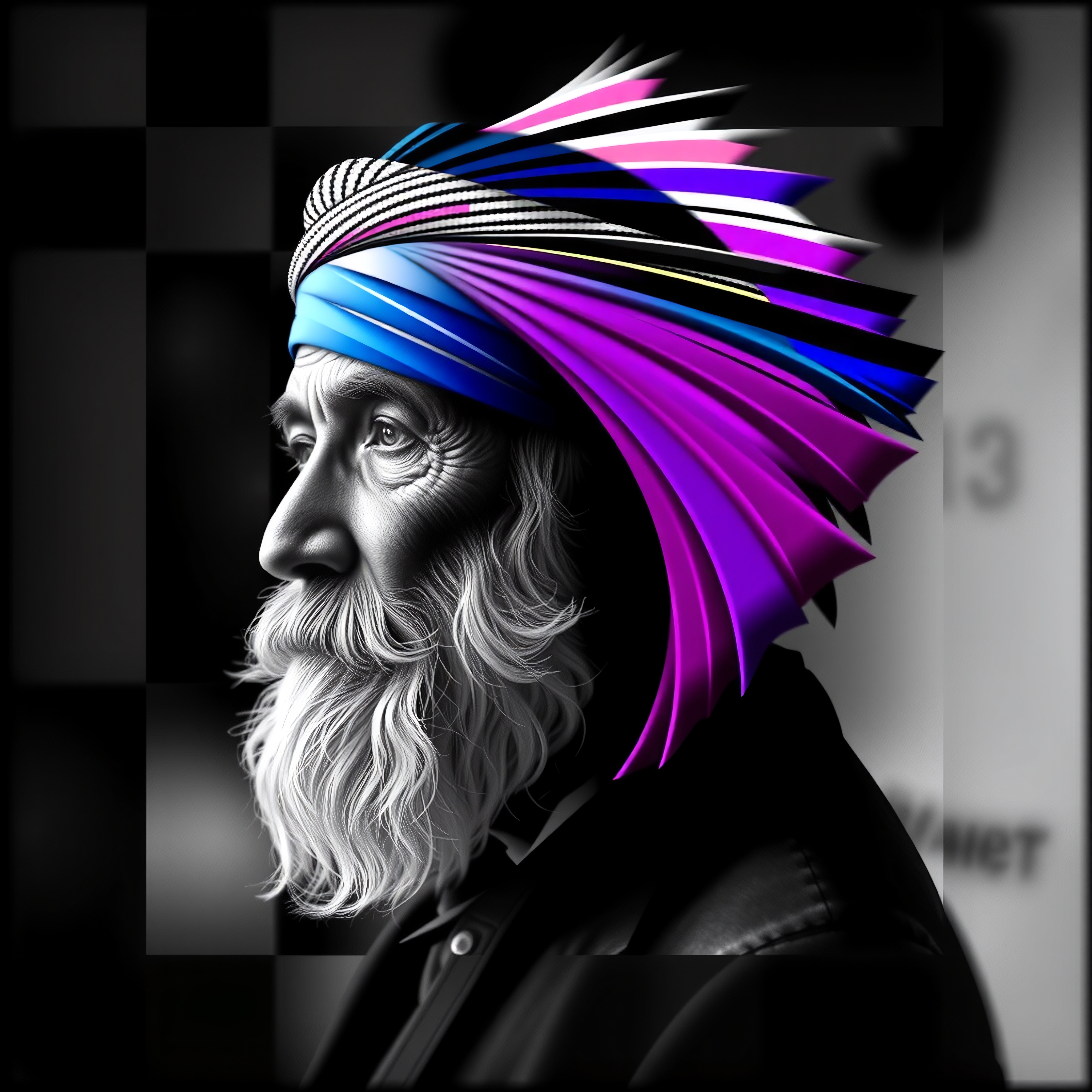 Digital portrait of an elderly man wearing a vibrant, colorful headpiece, blending classical and modern art styles.
