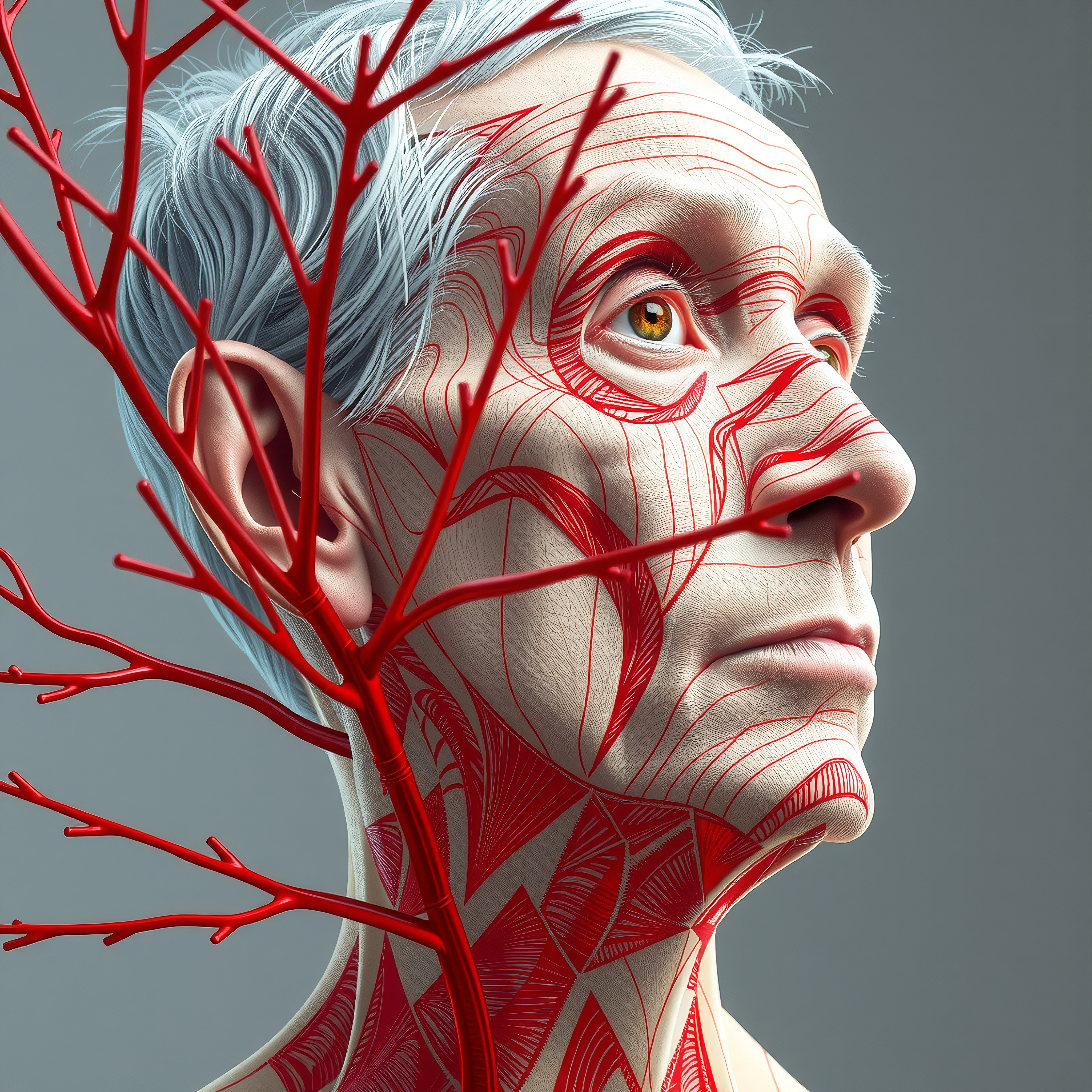 Hyper-realistic portrait with red anatomical lines.