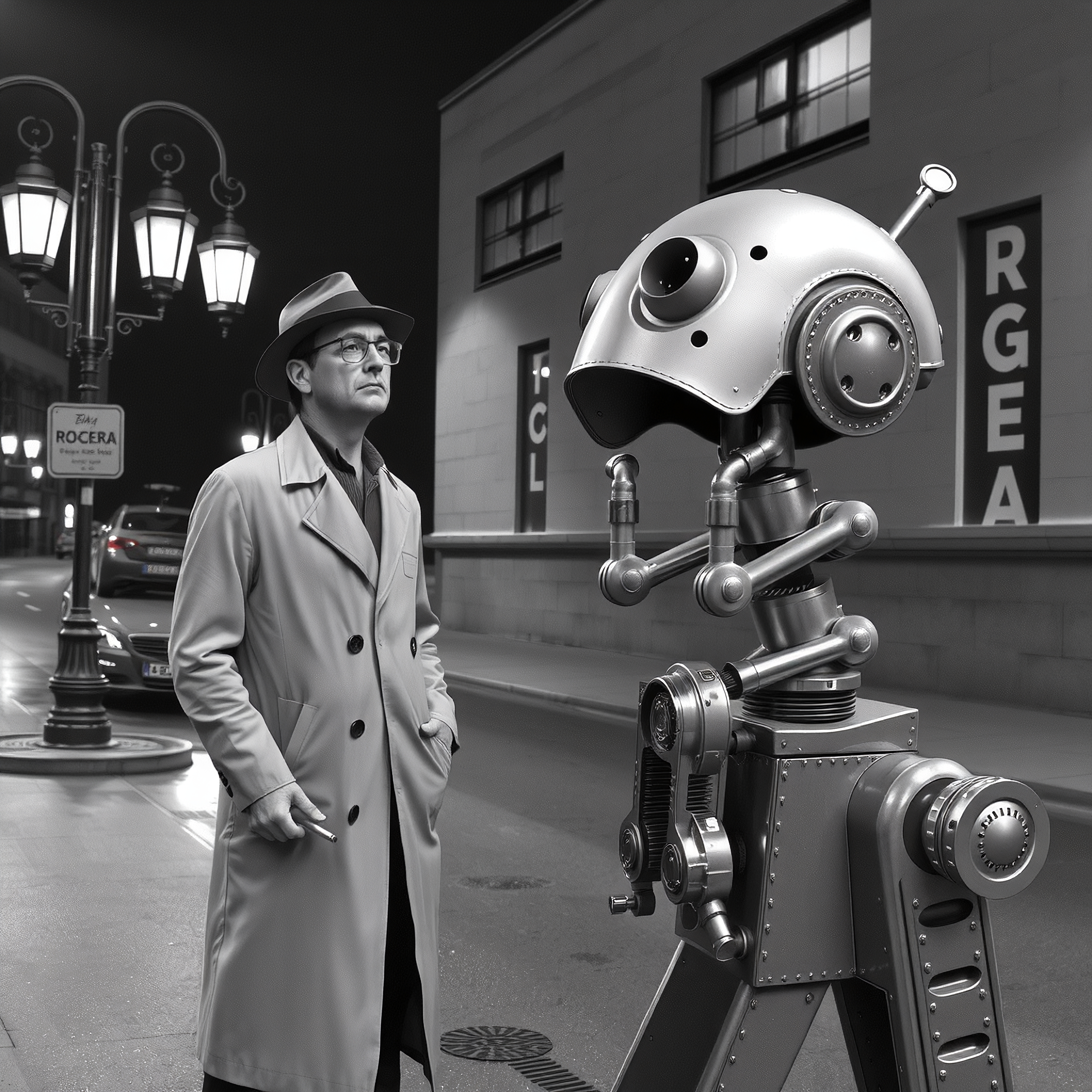 A man in a trench coat stands on a night-lit street interacting with a vintage-style robot.