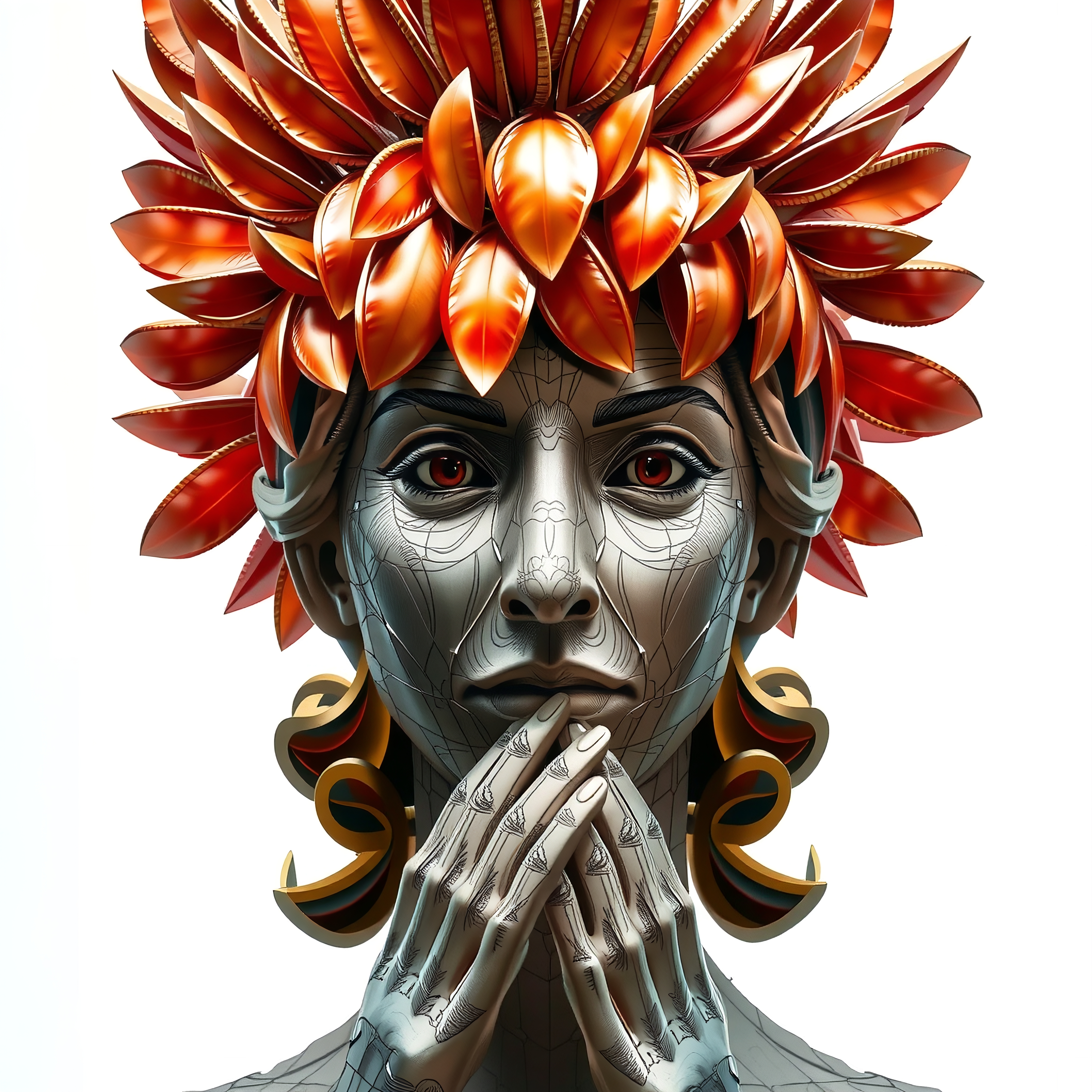A surreal digital portrait of a metallic face with orange-red leaf headdress.