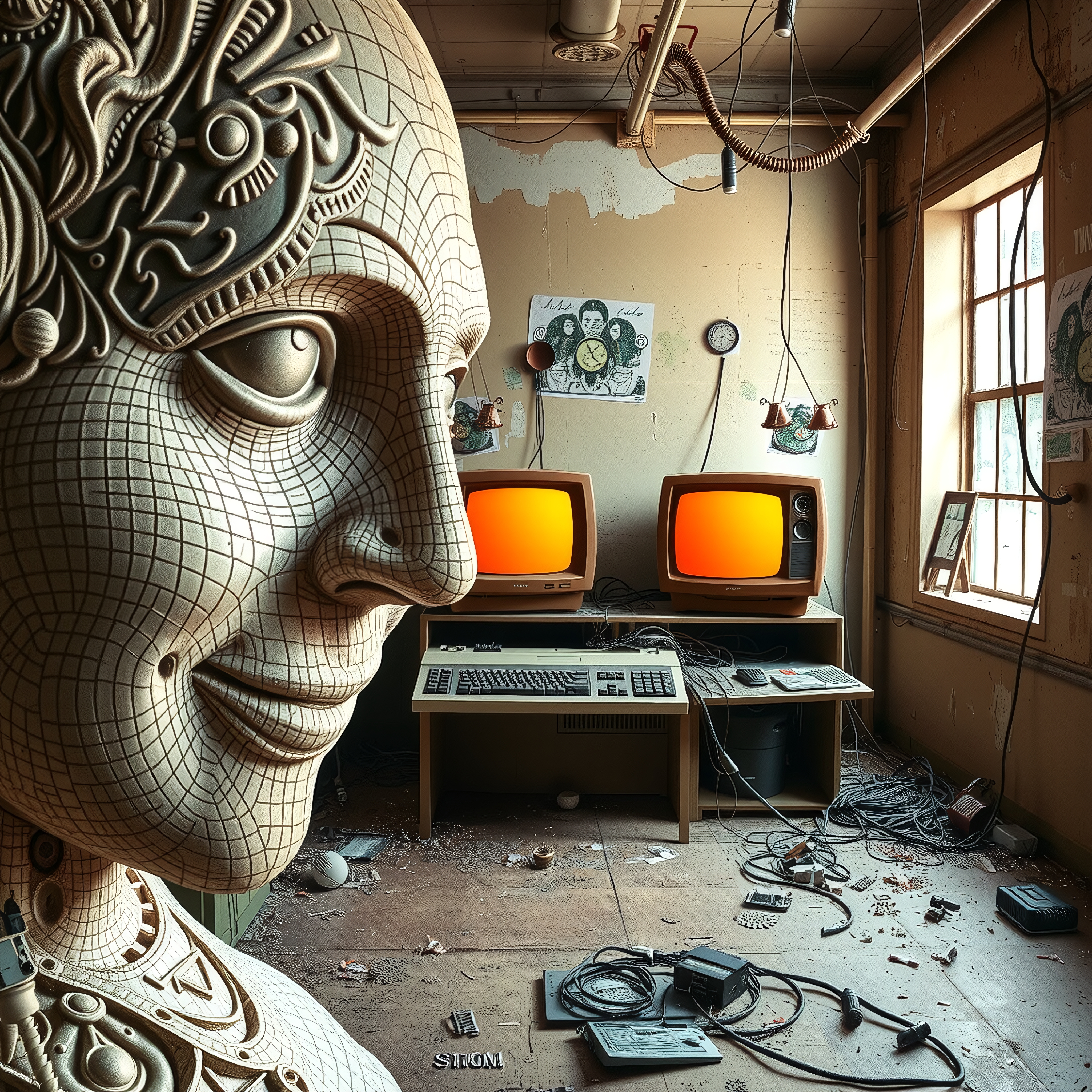 A retro-futuristic scene with a detailed robotic sculpture and vintage computers in a cluttered room.