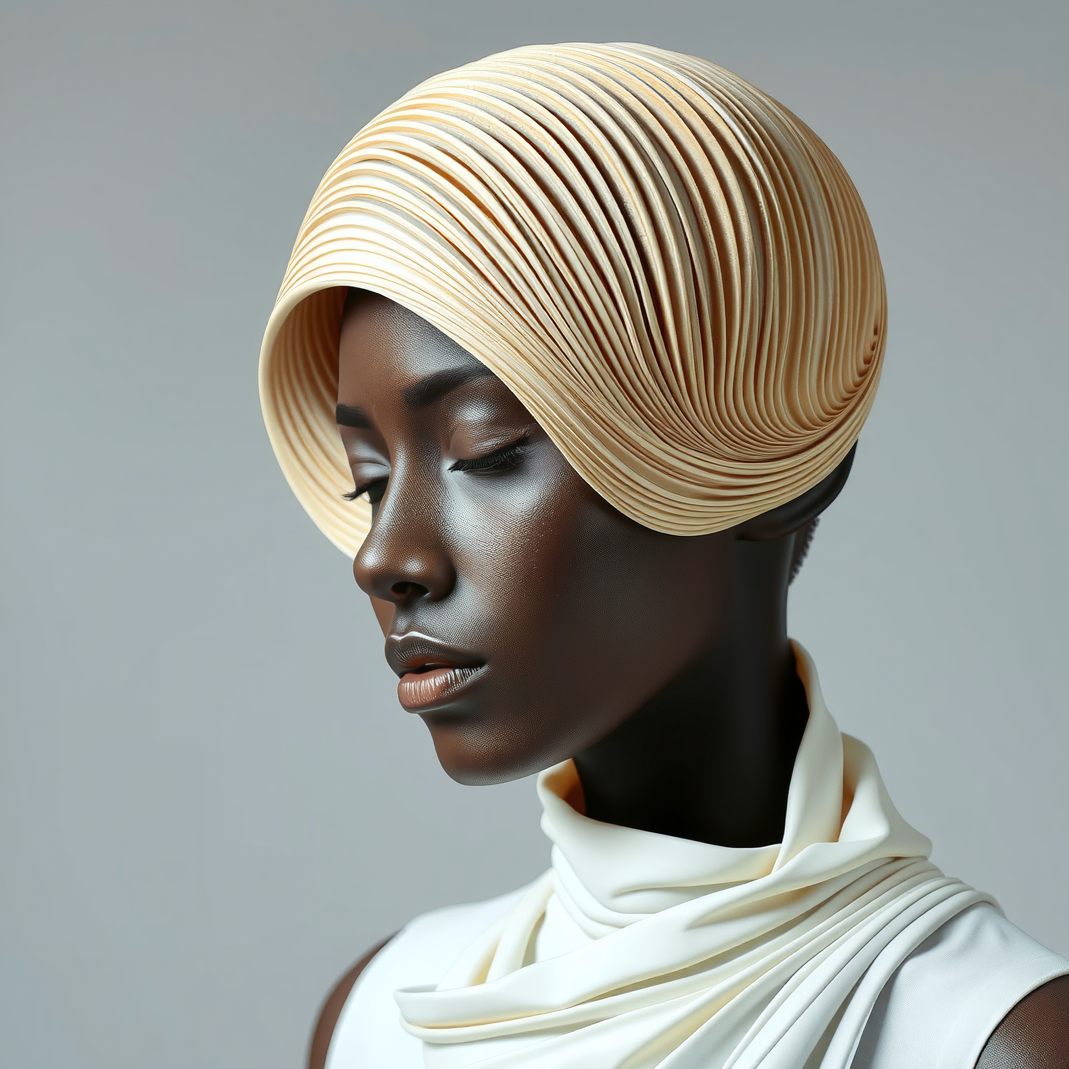 A person with a unique spiraled headpiece, serene expression, and elegant attire.