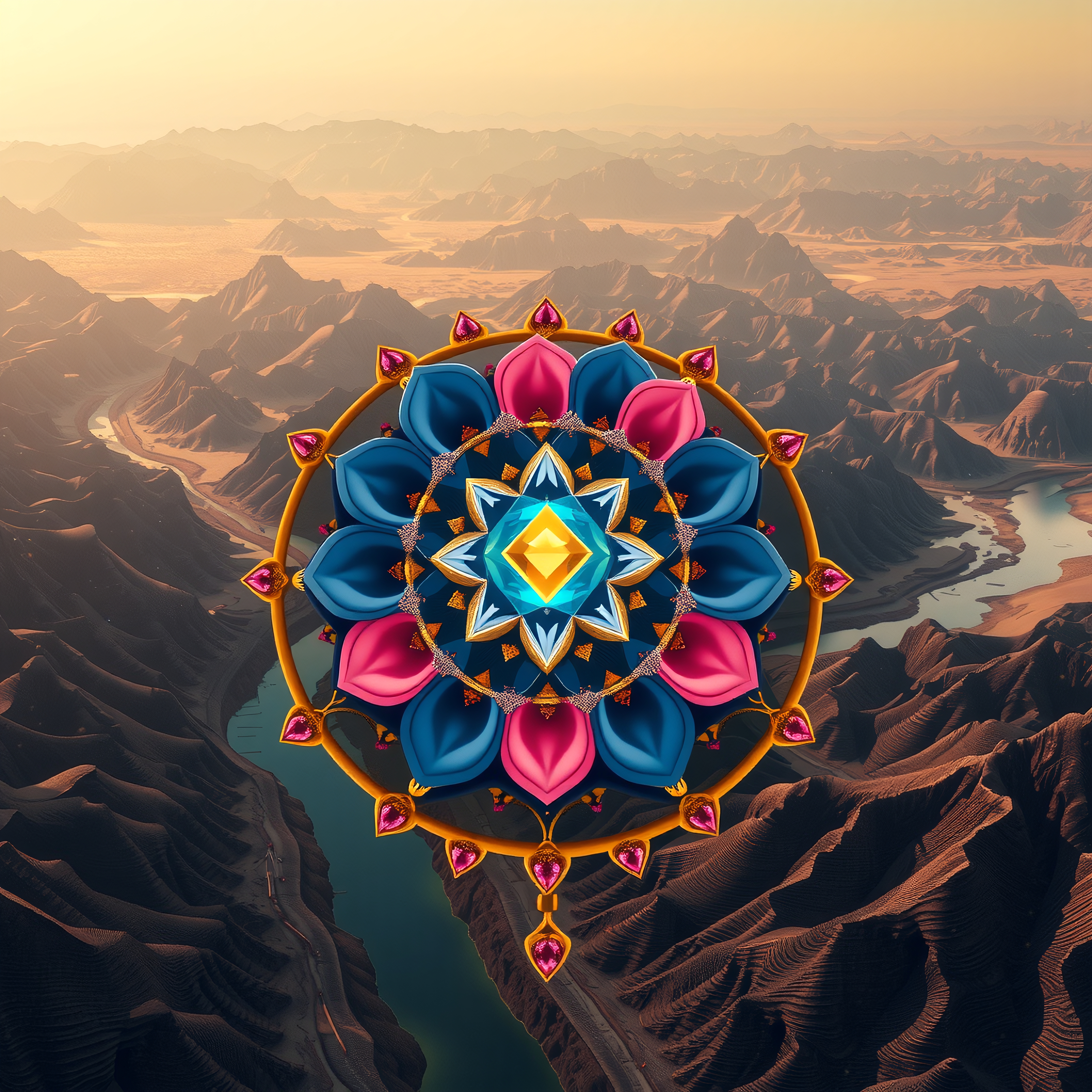 A vibrant mandala floats over a serene mountain landscape with a winding river and warm sunset hues.