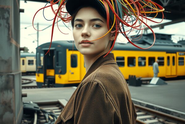 Woman wearing a colorful wire headpiece at a train station with a yellow train in the background.