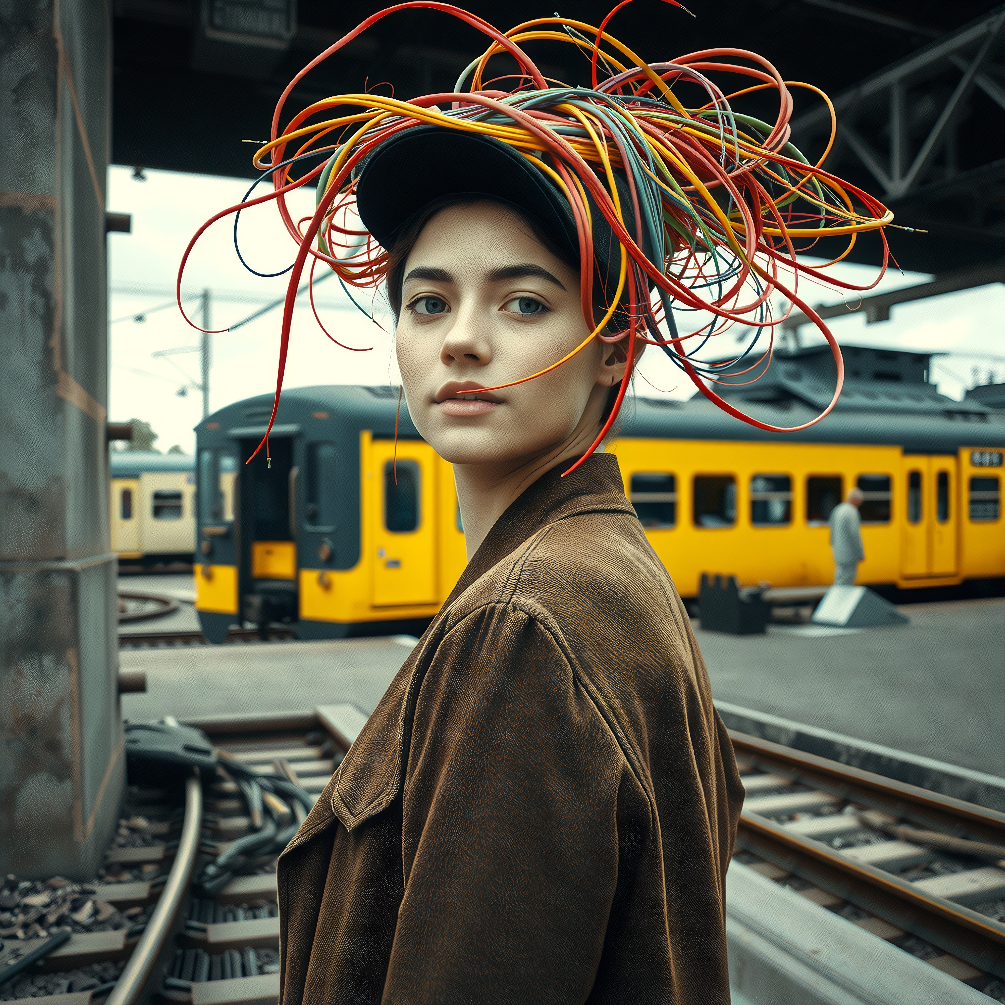 Woman wearing a colorful wire headpiece at a train station with a yellow train in the background.