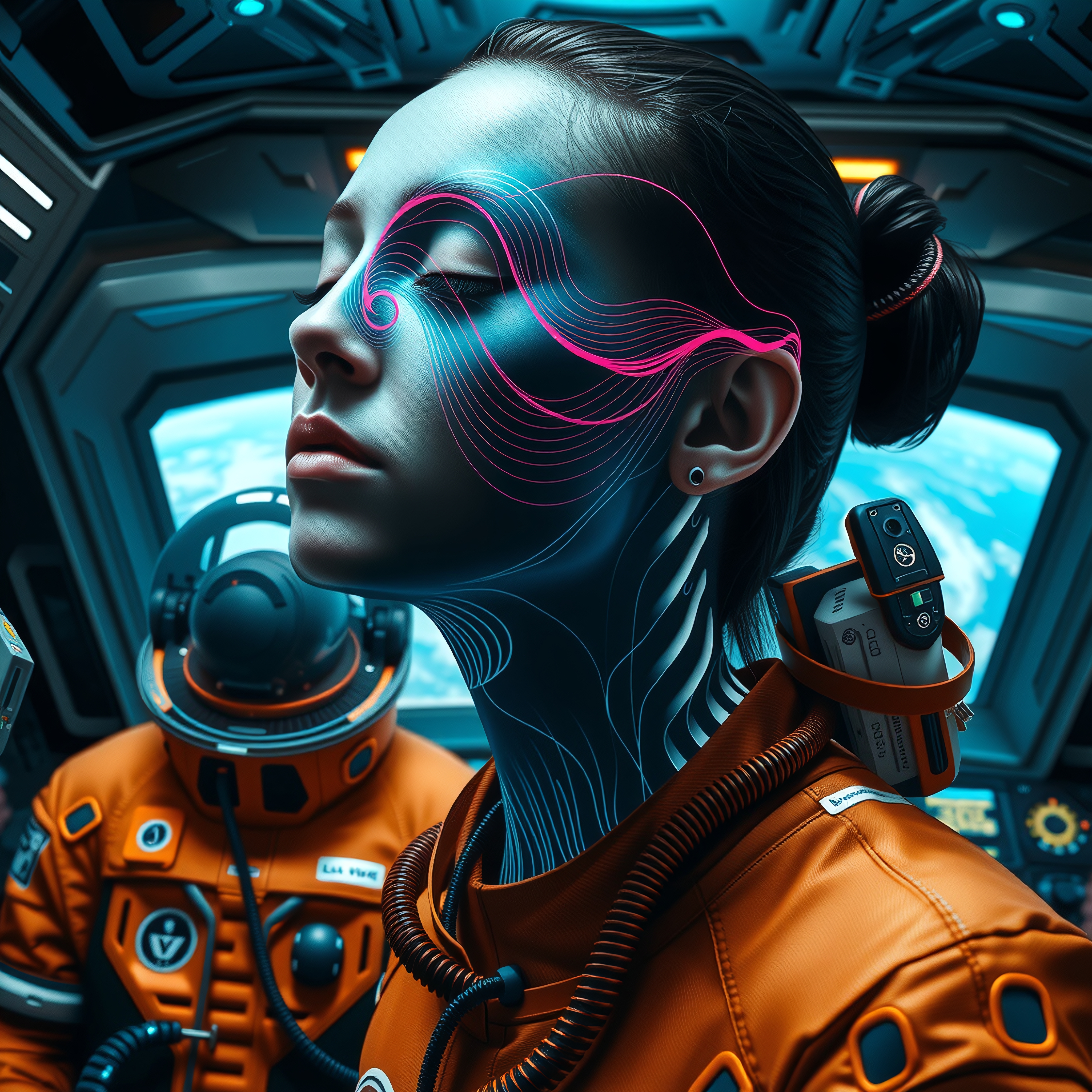 Futuristic astronaut with glowing neon face lines, exploring in a spacecraft cockpit.