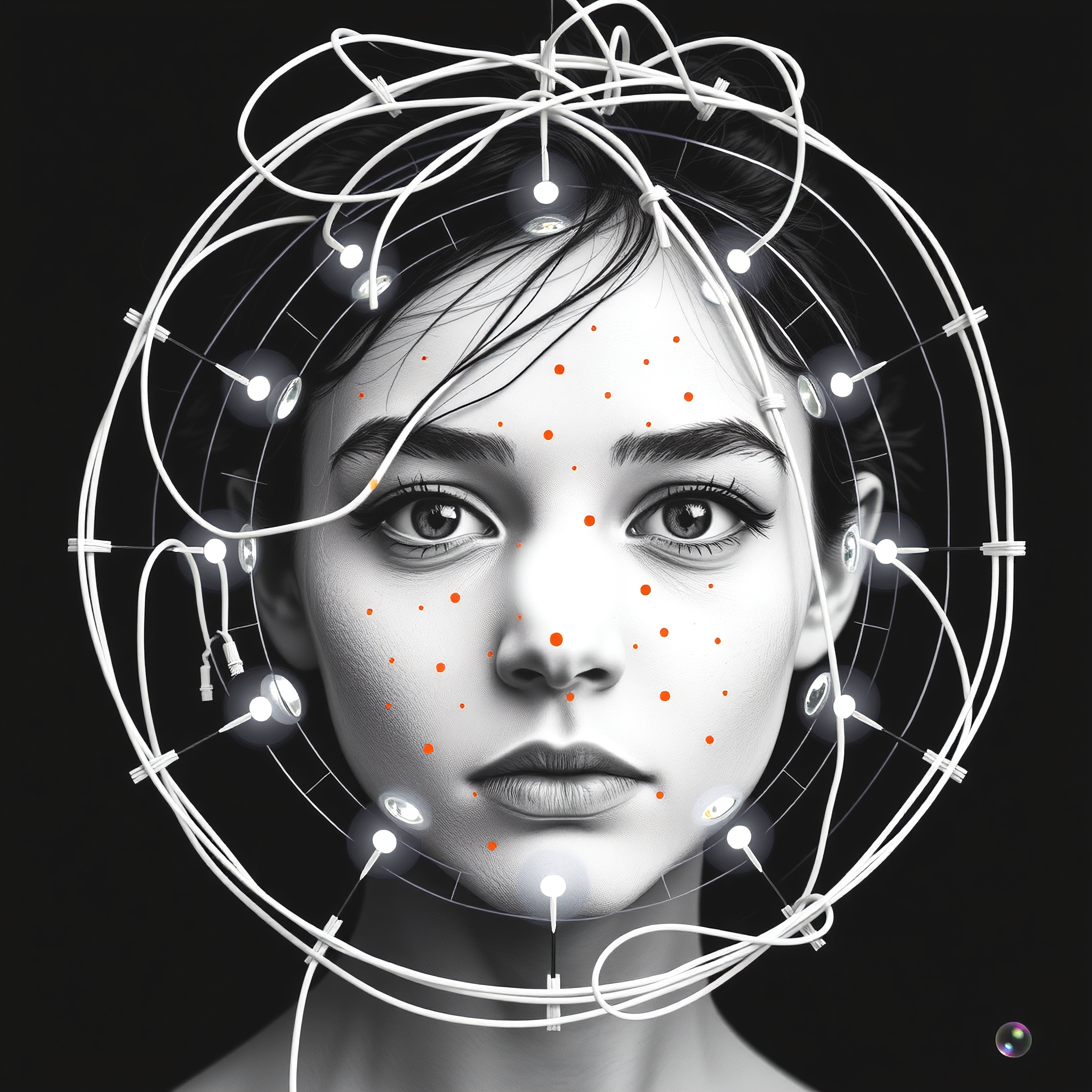 Futuristic portrait of a woman with glowing wires and orange dots.