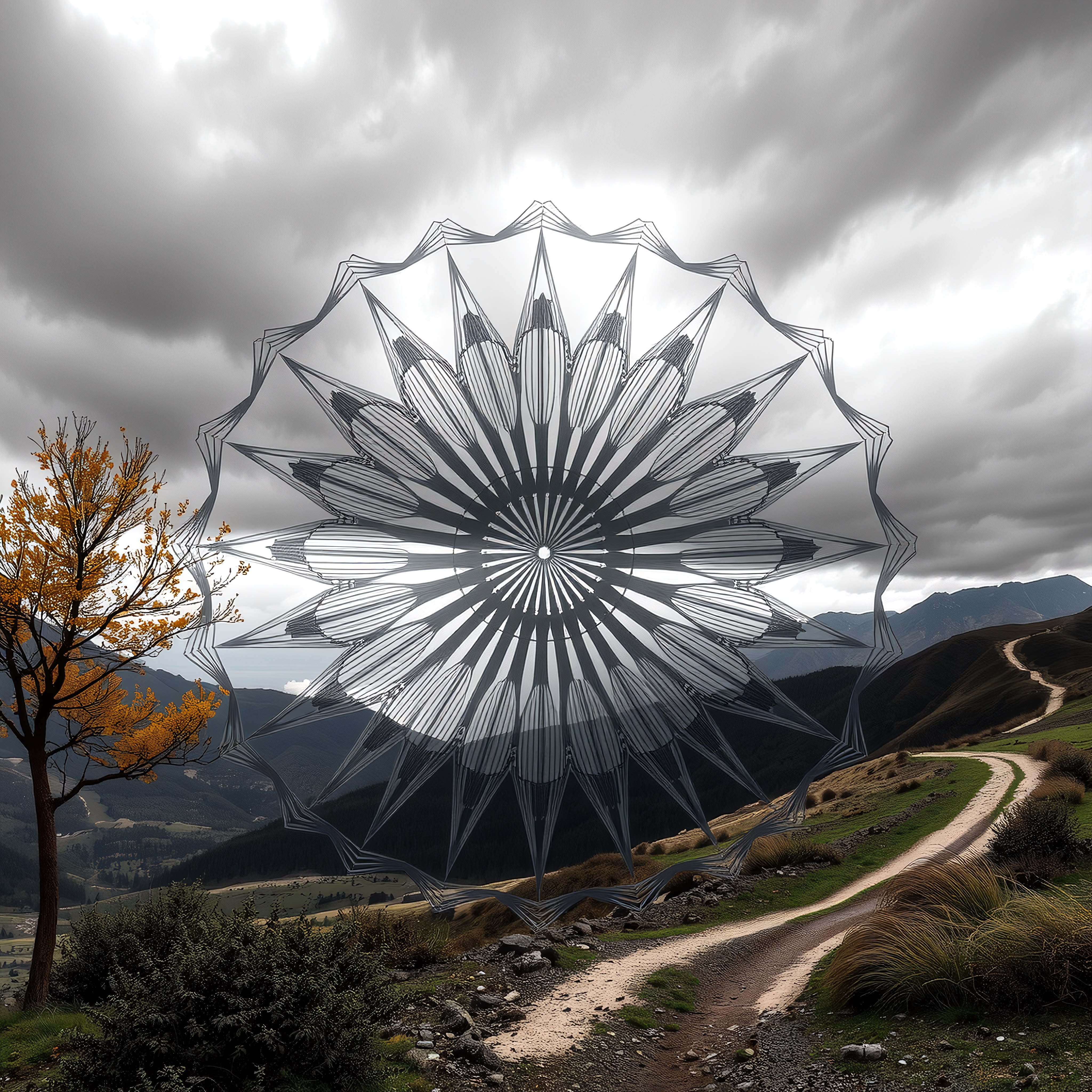 An intricate metallic mandala structure in a cloudy mountainous landscape with a colorful autumn tree.