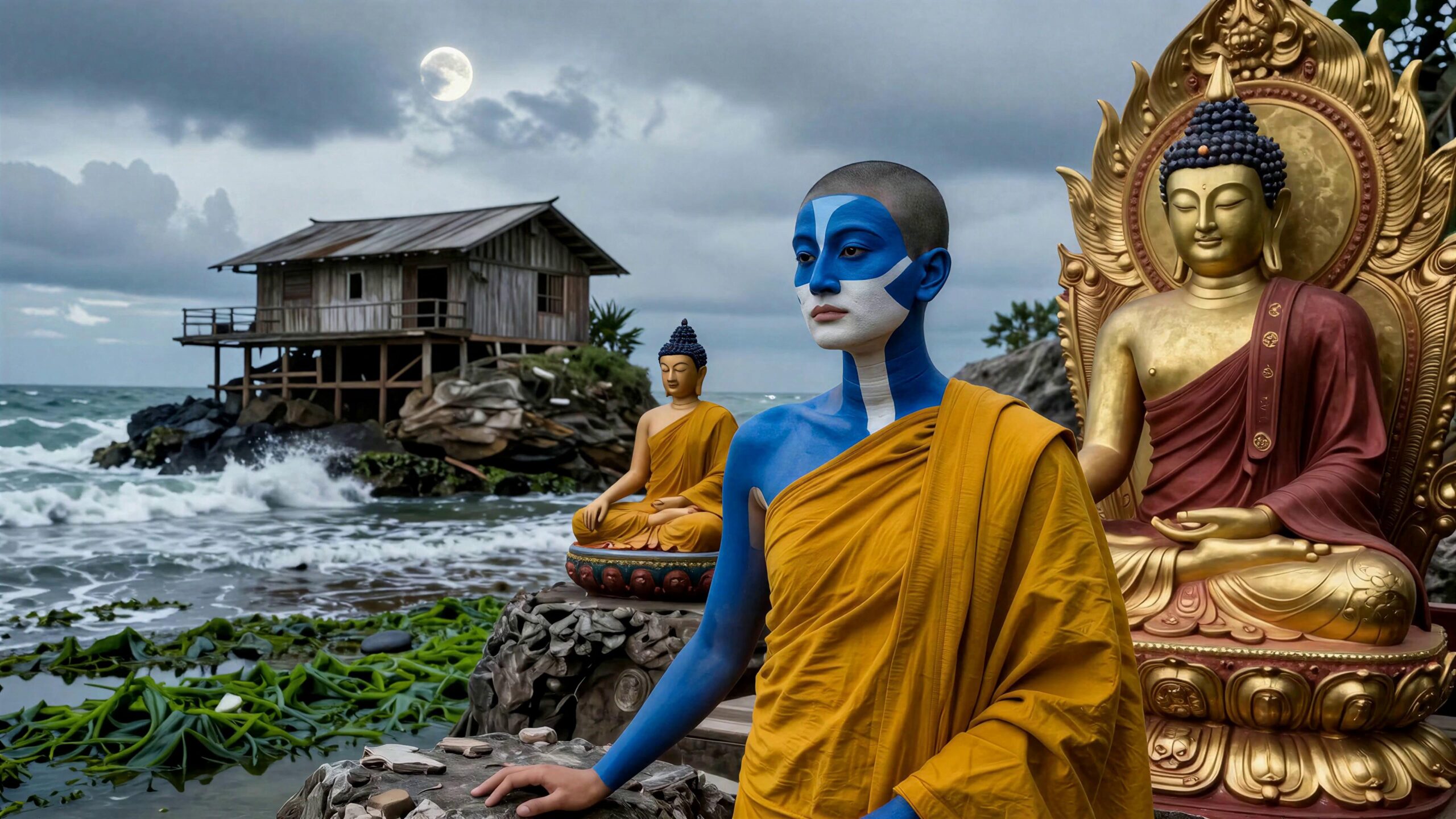 Blue-faced monk beside Buddha statues near ocean cabin