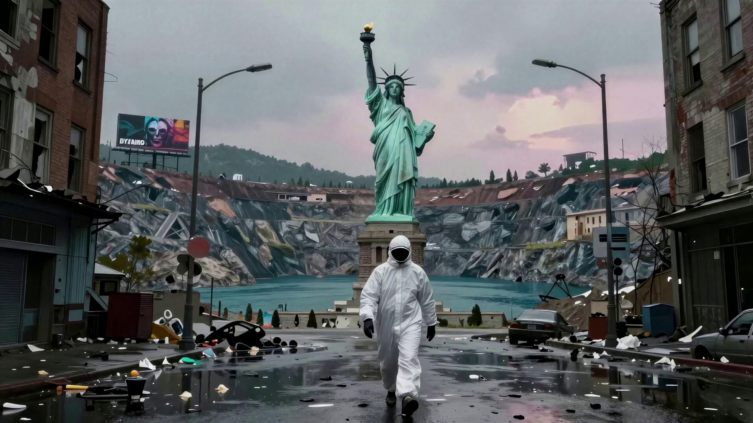 Hazmat-clad person walking through ruined streets past Statue of Liberty