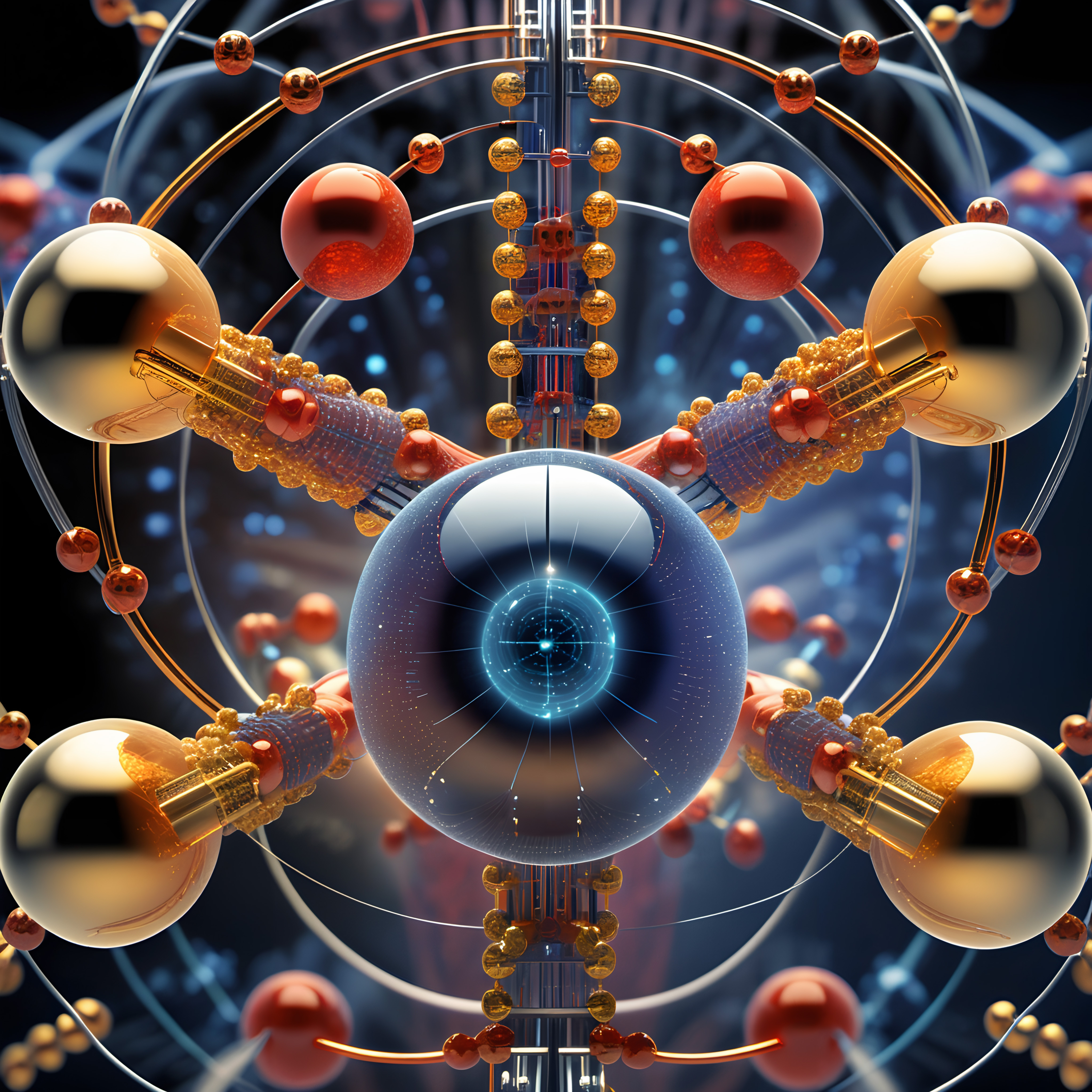 Futuristic molecular structure with intricate details and cosmic center.