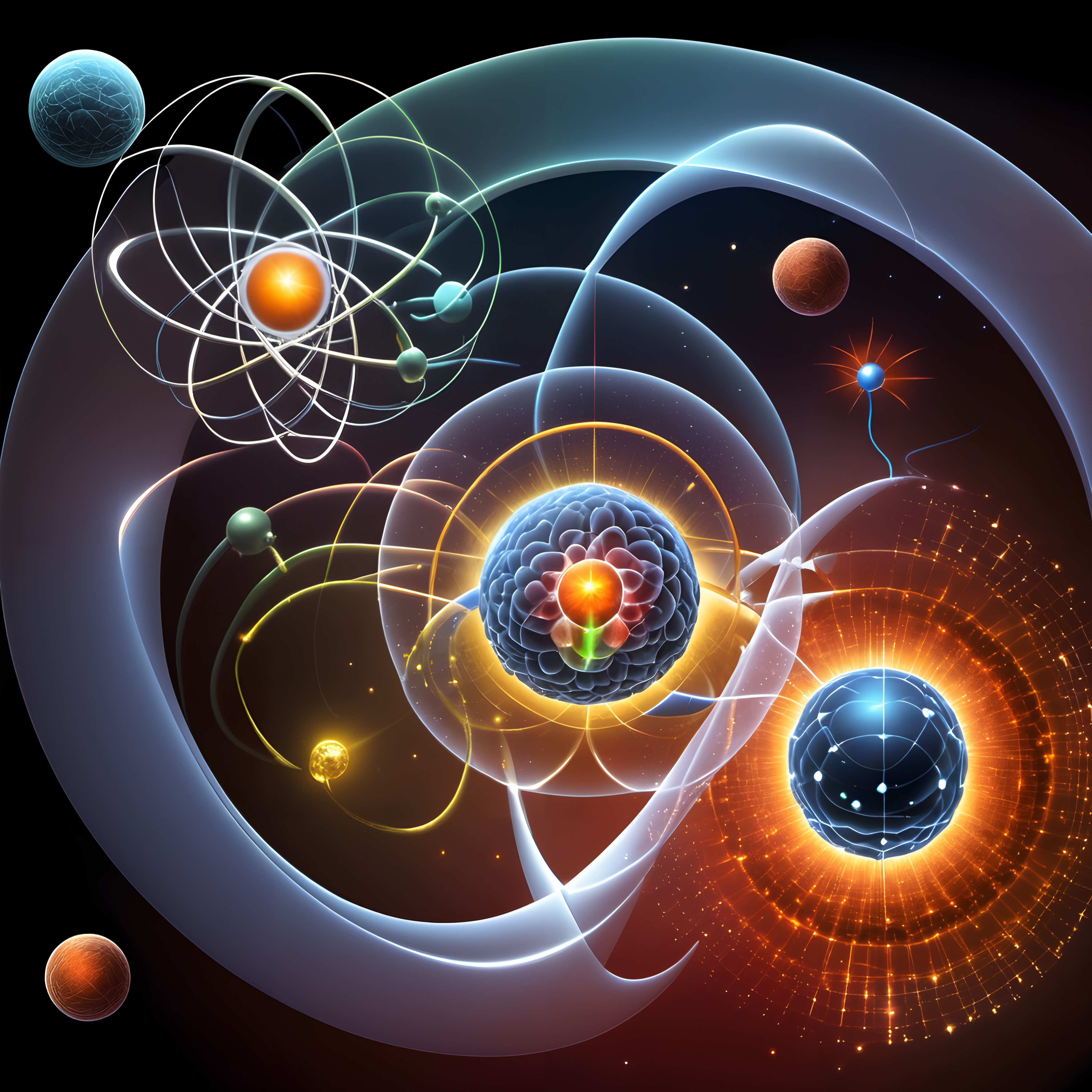 Abstract illustration of interconnecting atoms with visible electron orbits and radiant colors.