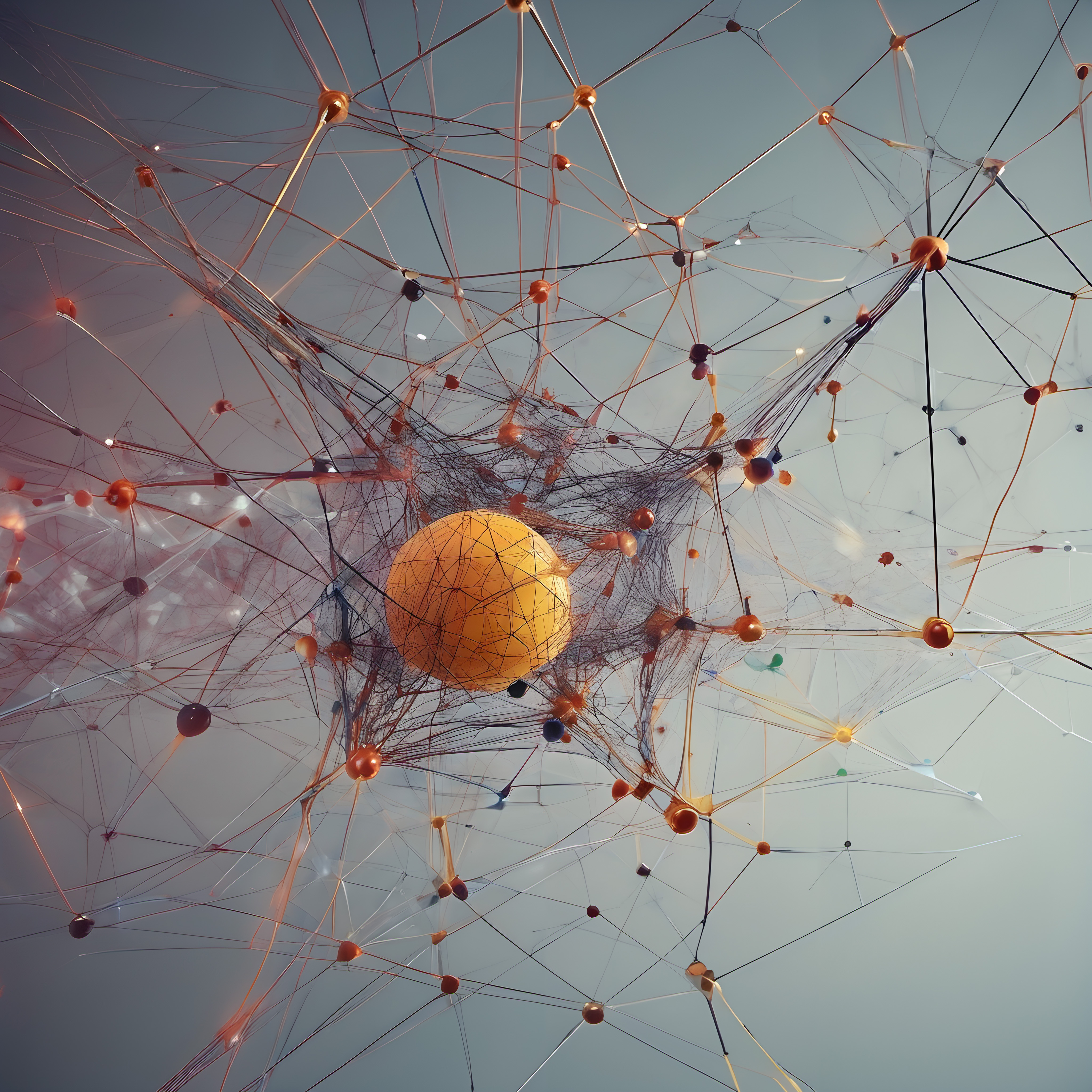 An abstract digital network illustration with interconnected nodes and orange central sphere, symbolizing complexity and connectivity.