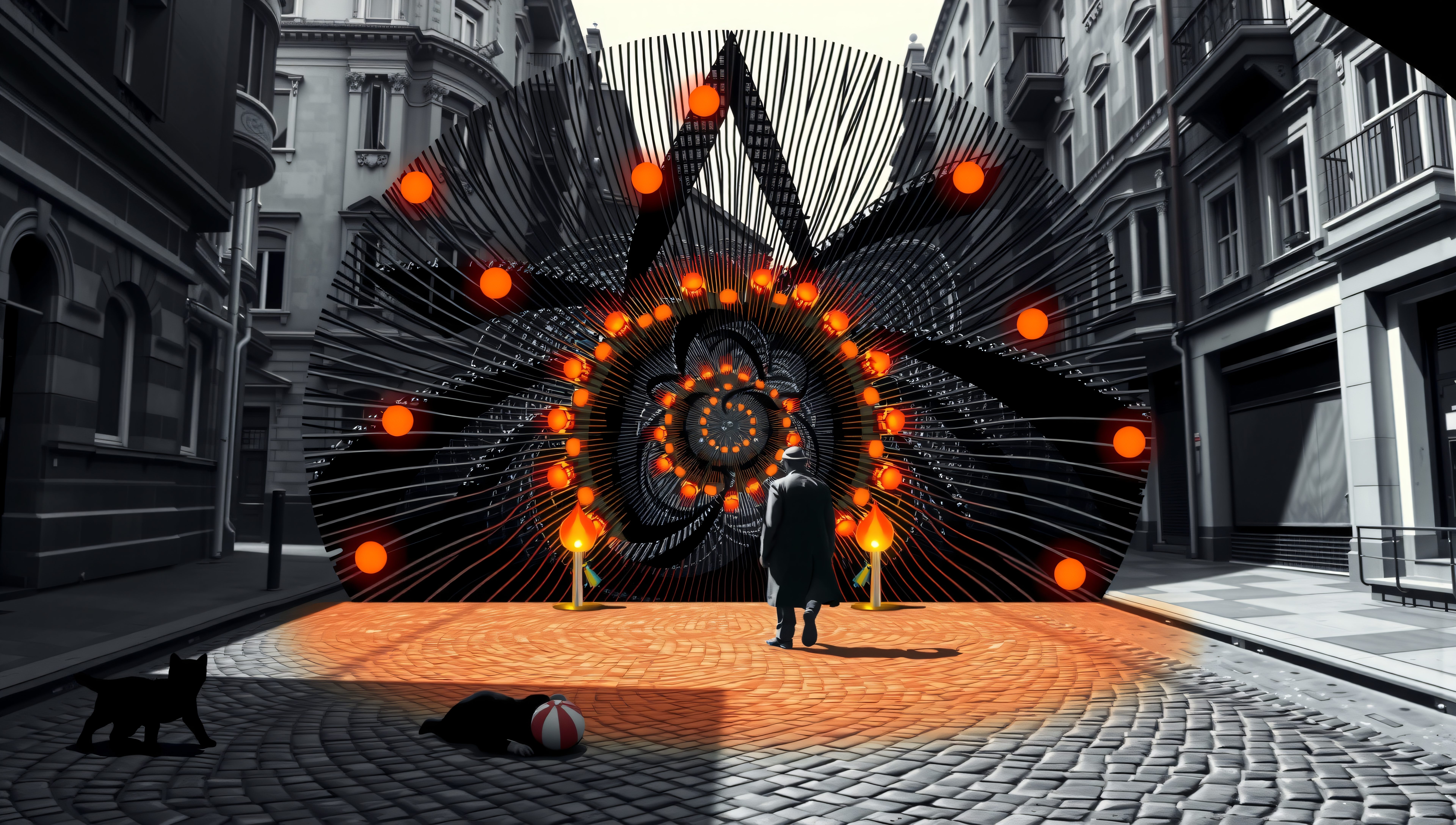 A mysterious urban scene features a lone figure facing a glowing portal surrounded by architecture.