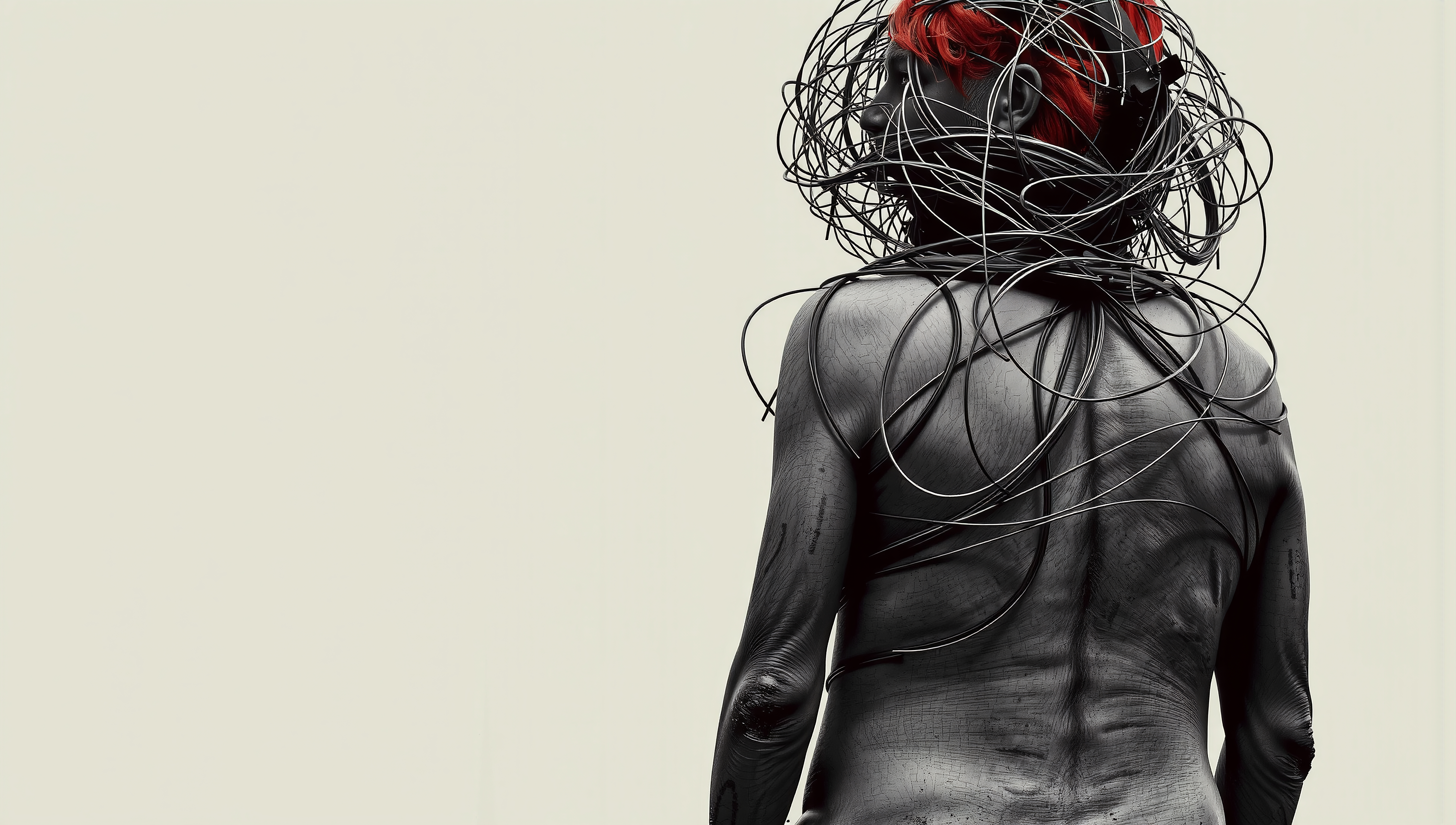 Image of a figure with cables and red hair, highlighting futuristic themes and technology.