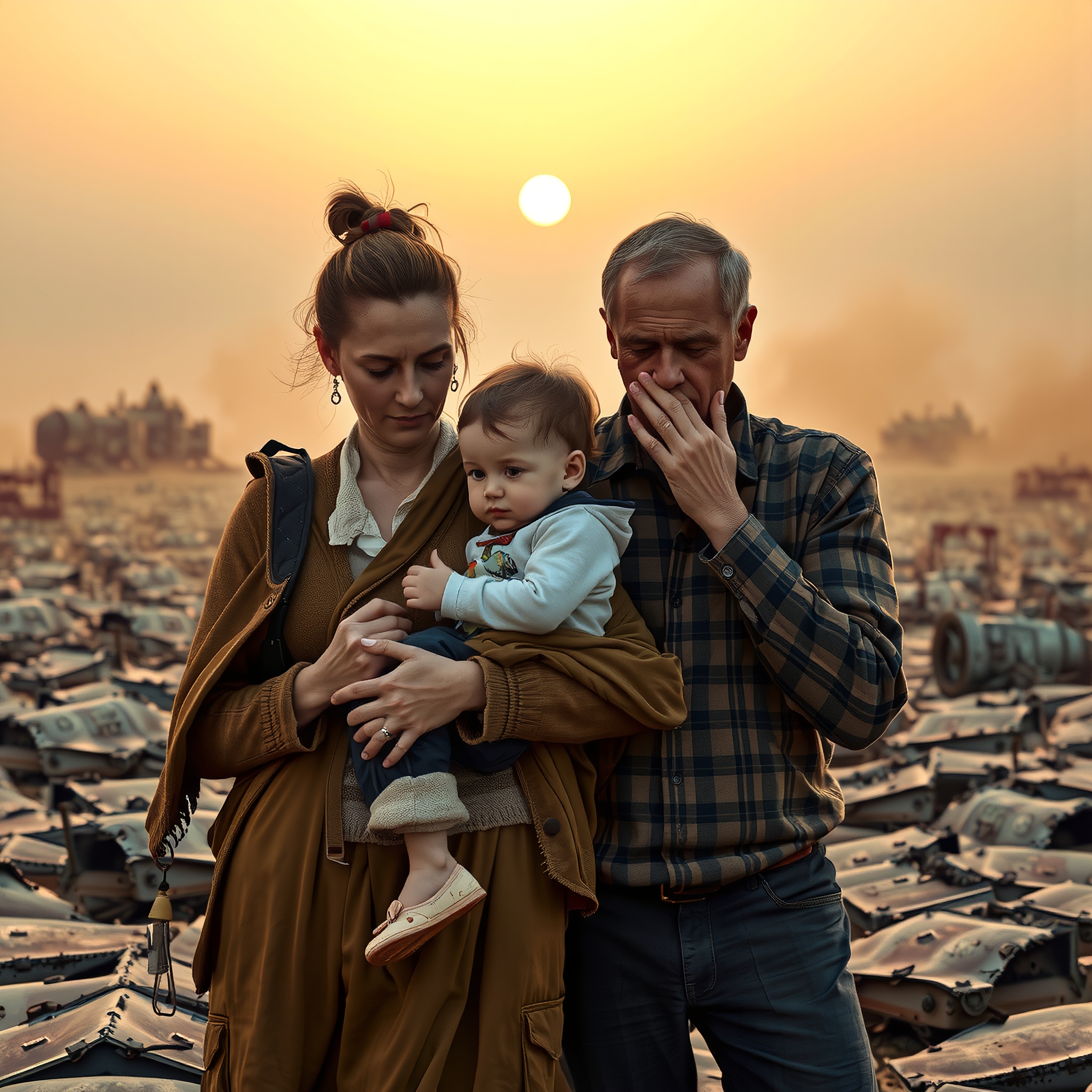 A family stands among abandoned tanks at sunset.