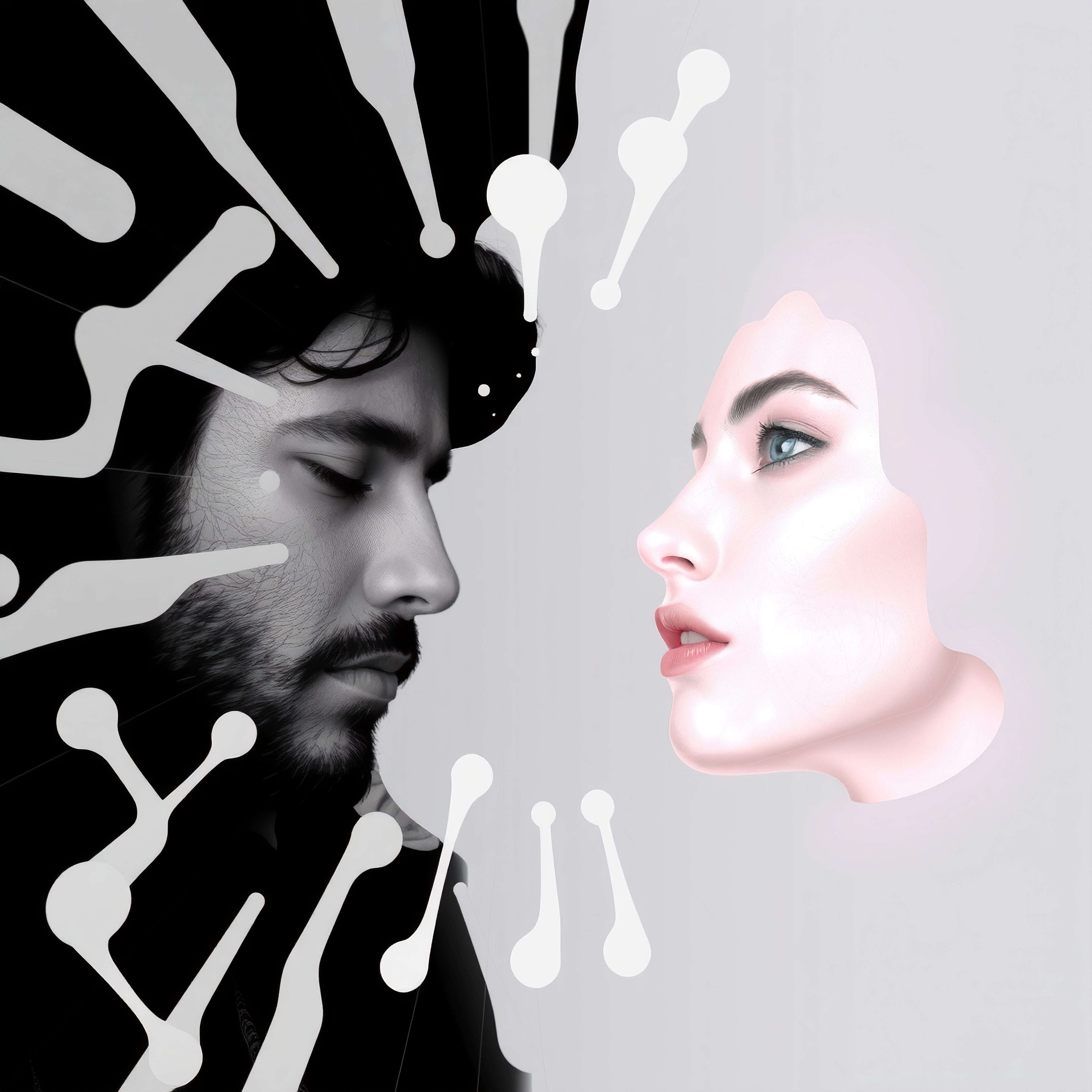 Abstract illustration featuring male and female profiles facing each other with contrasting dark and light themes, surrounded by digital network motifs.