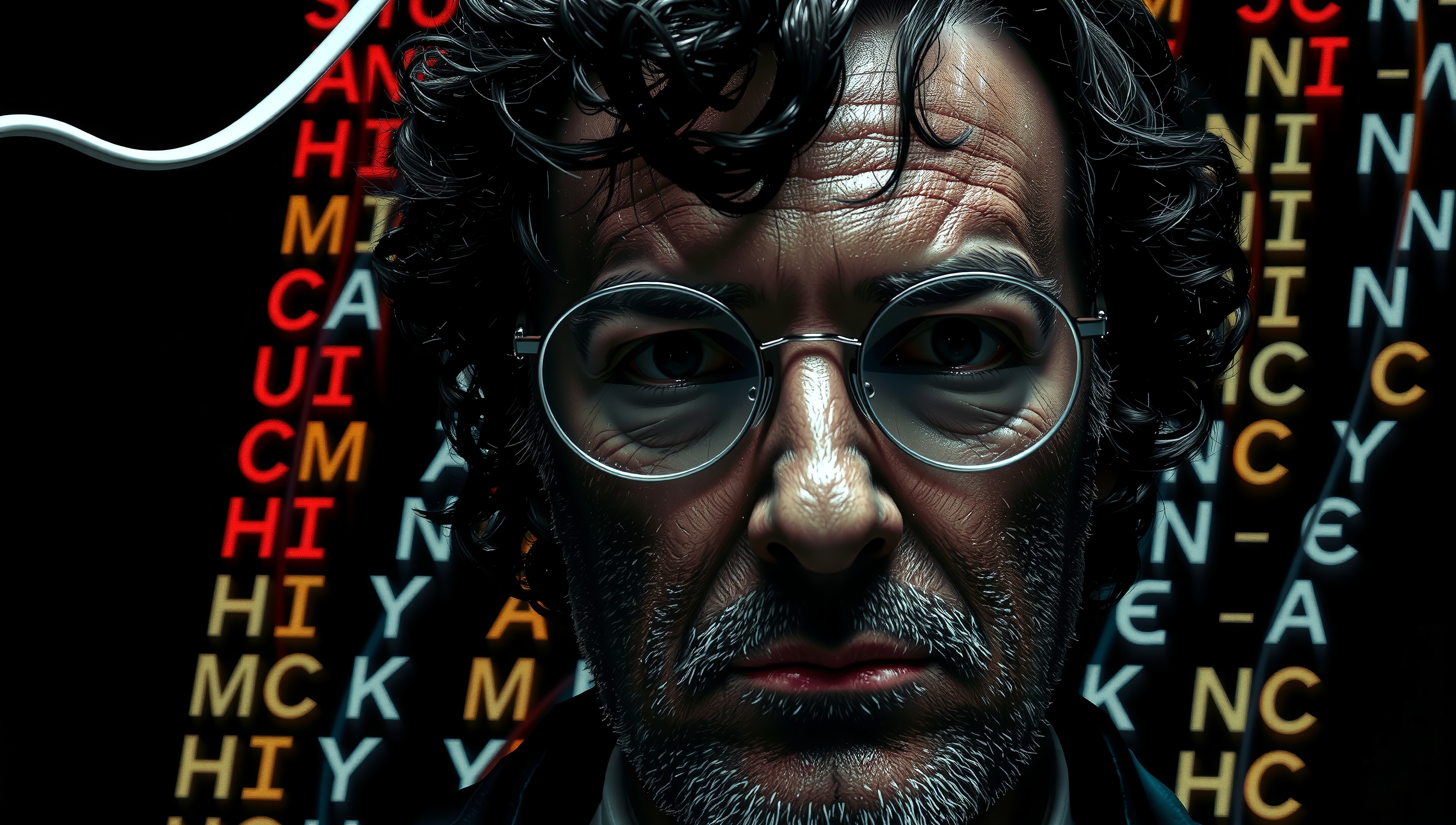Portrait of a man against vivid letter backdrop.