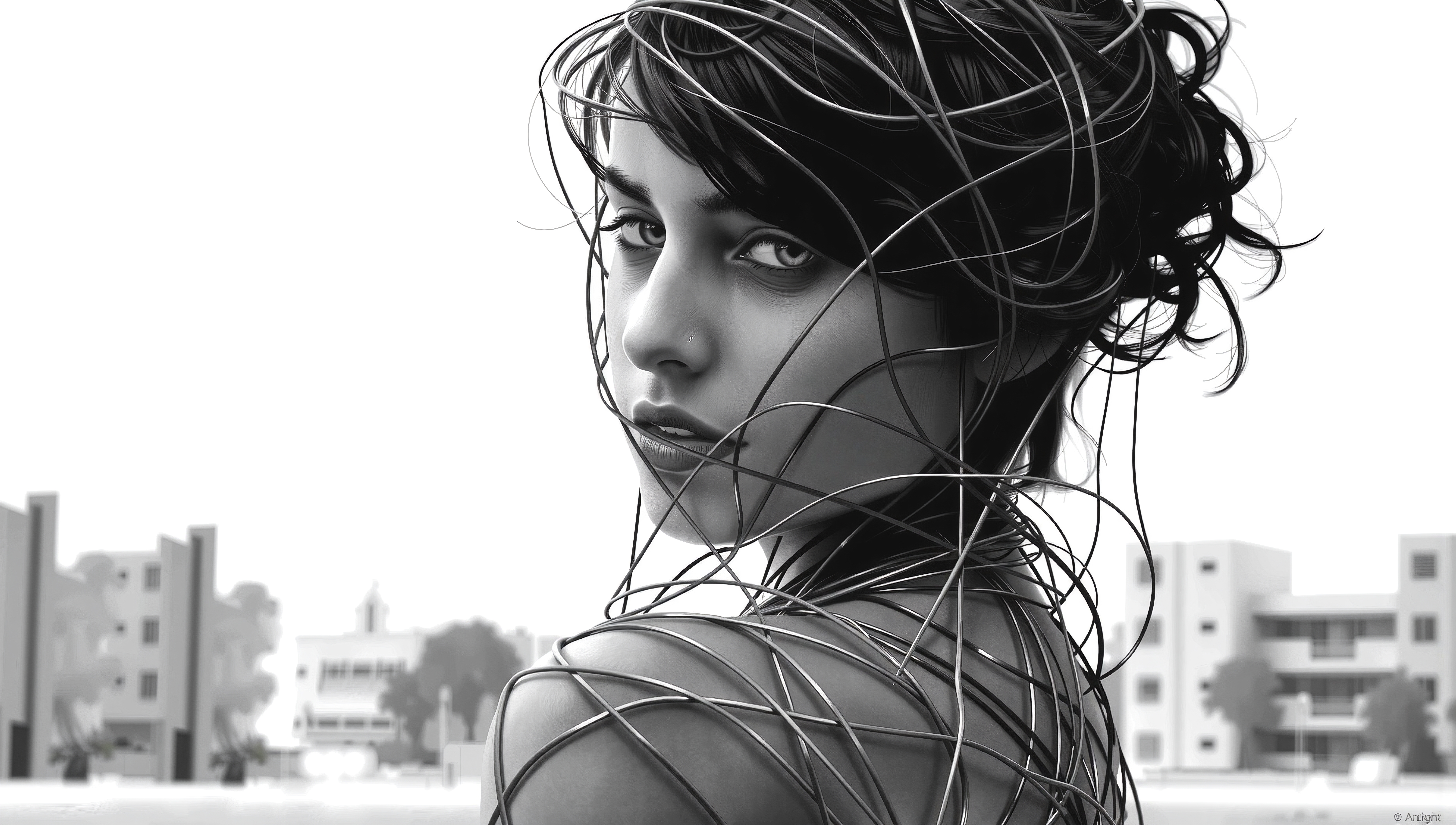 A monochrome portrait of a woman entwined in metallic wires against a blurred urban background.