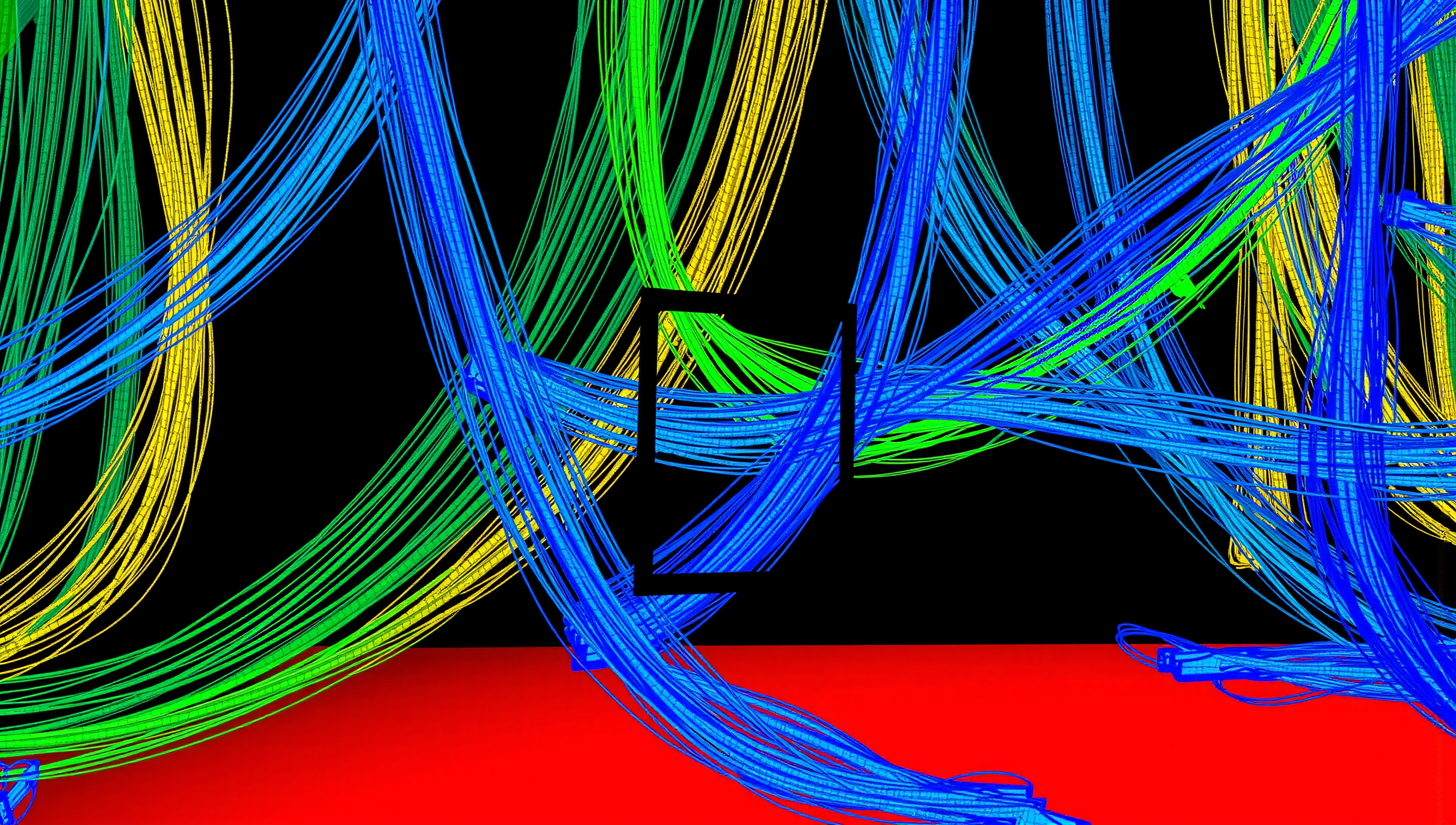 Abstract artwork featuring dynamic, colorful lines intertwined over a black backdrop with a bold red base.
