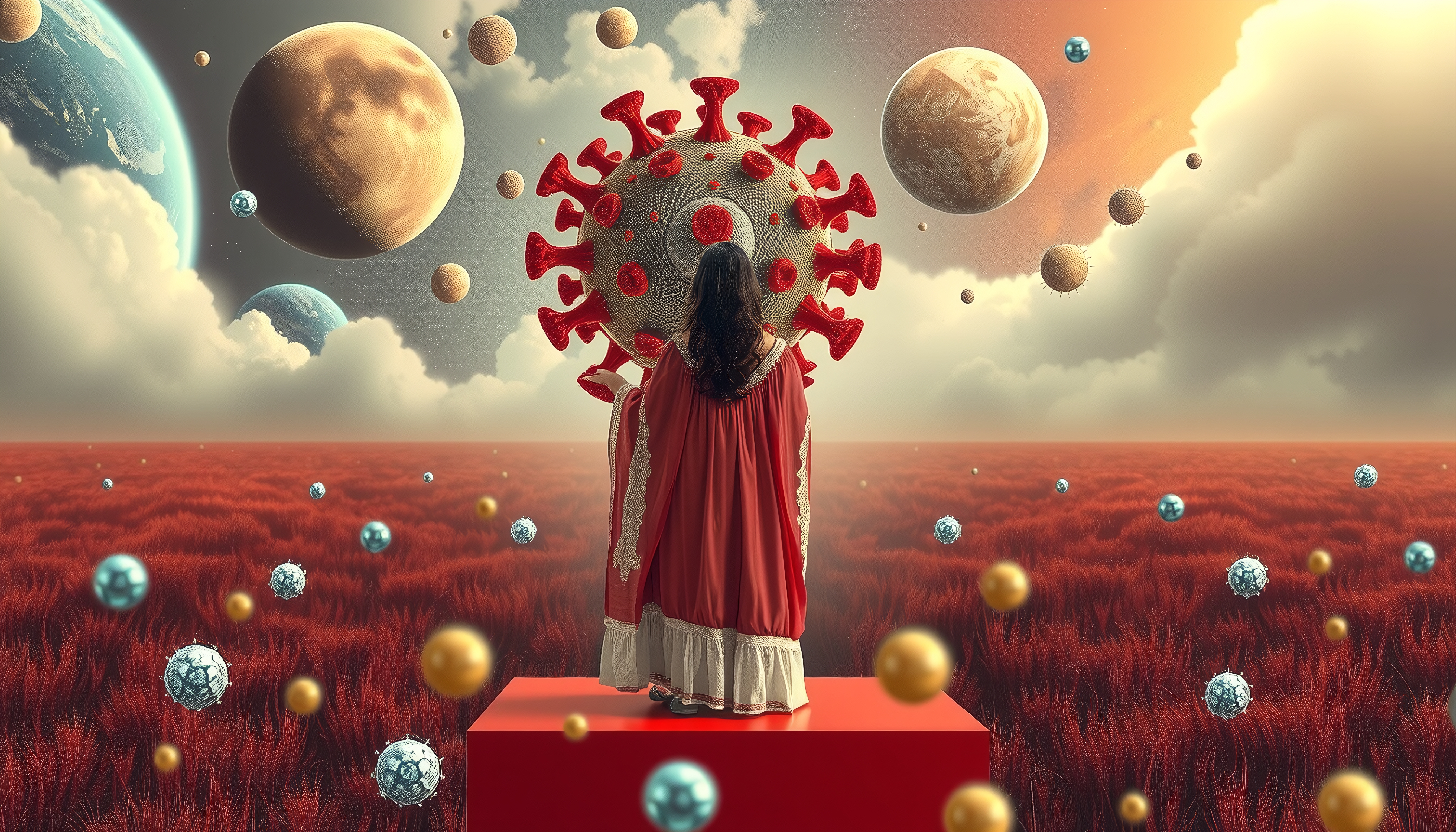 A woman stands on red grass in front of a stylized virus in a surreal, planetary landscape.