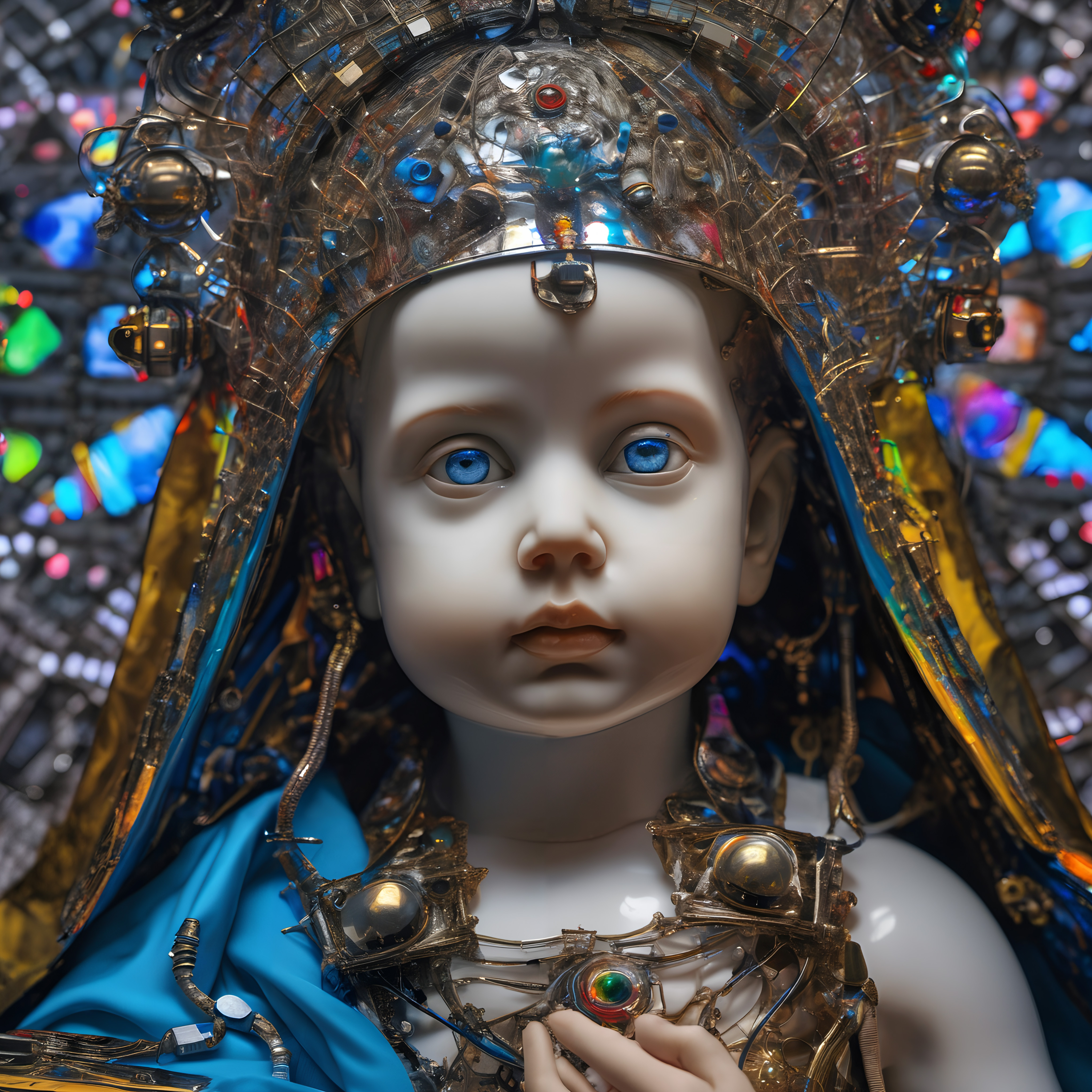 Exquisite sculpture of a child with a futuristic, mechanical headdress and vibrant stained glass background.