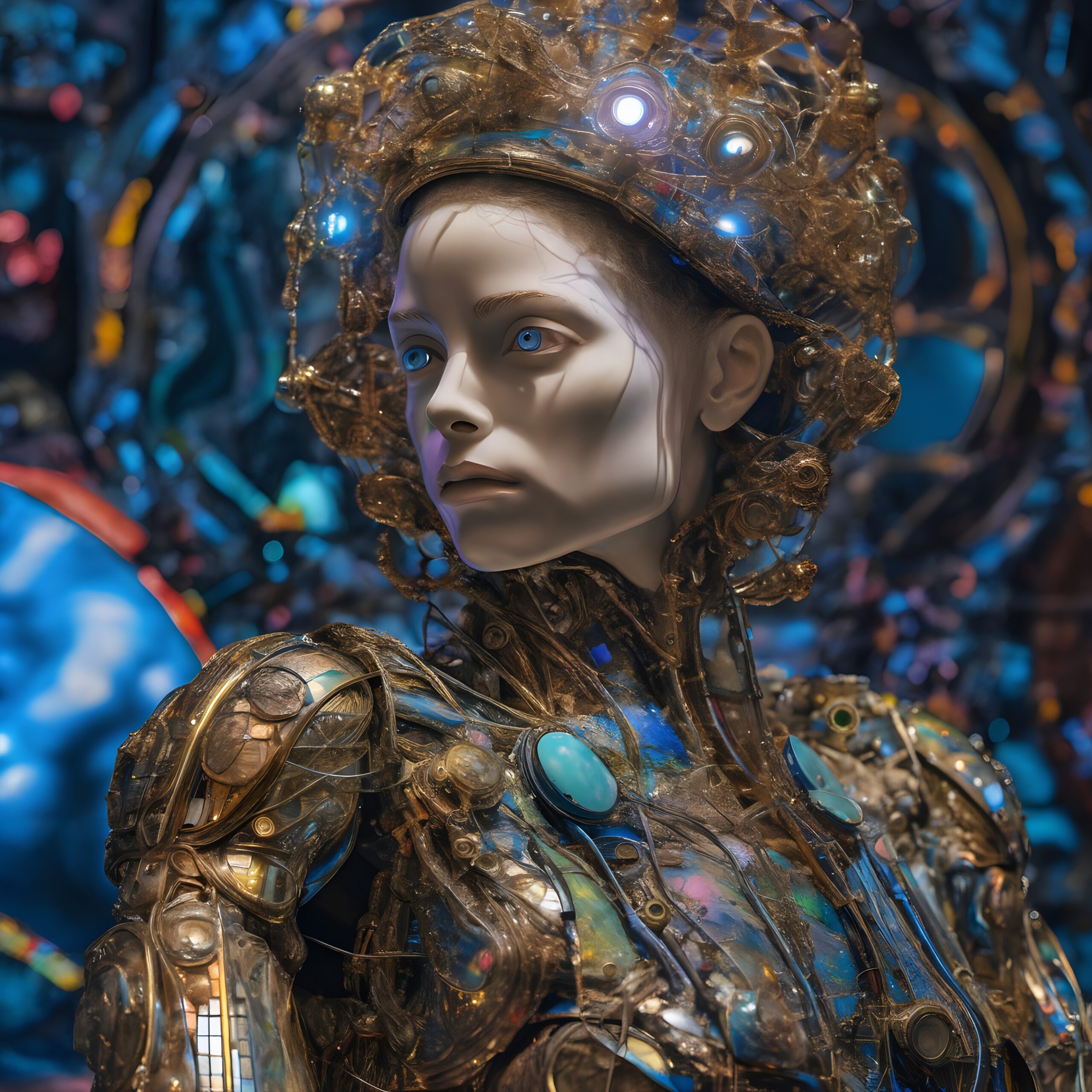 Futuristic humanoid figure with intricate mechanical features and illuminated patterns.
