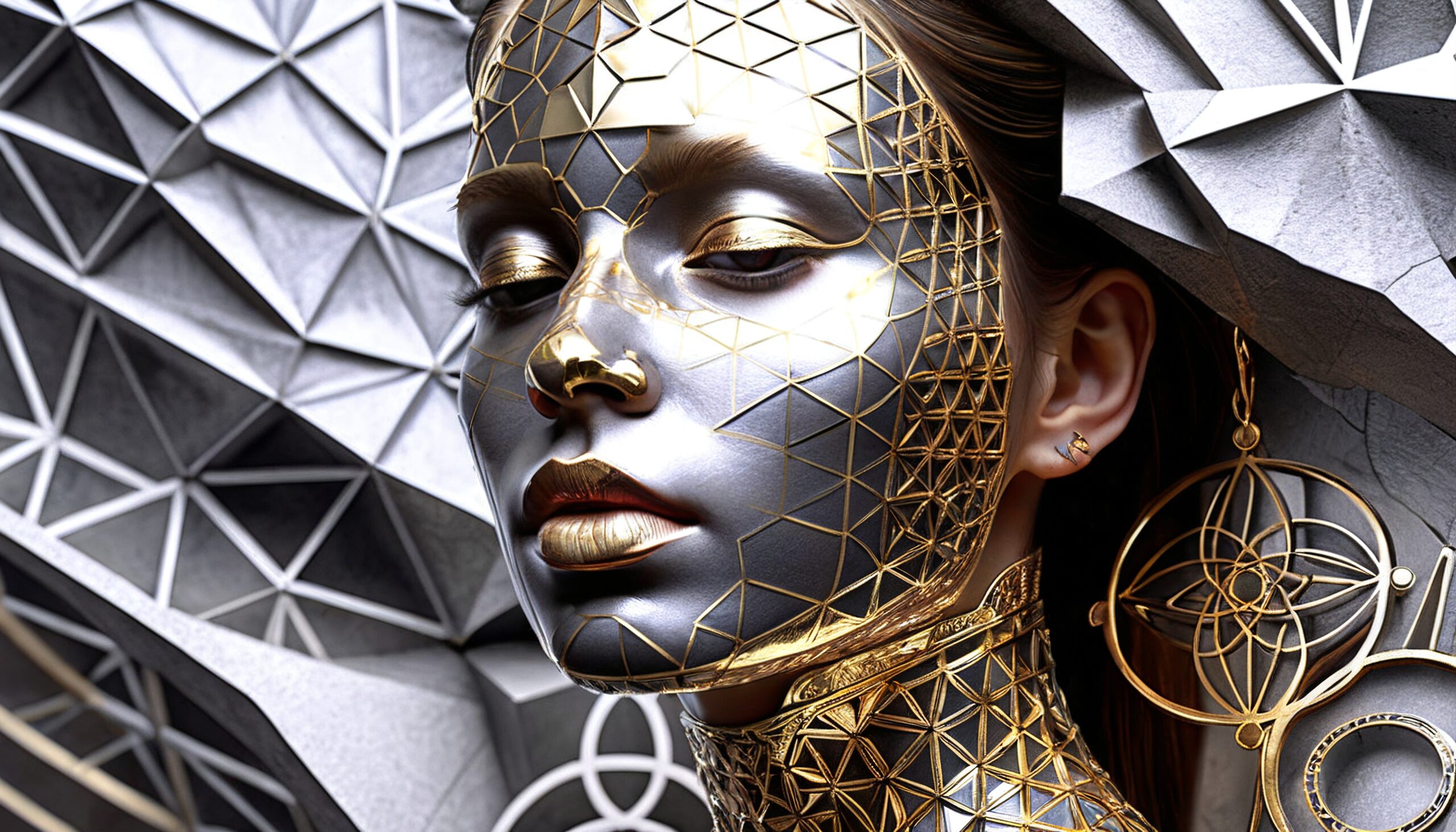 Futuristic artwork featuring metallic and gold geometric face design, showcasing modern technology and art fusion.
