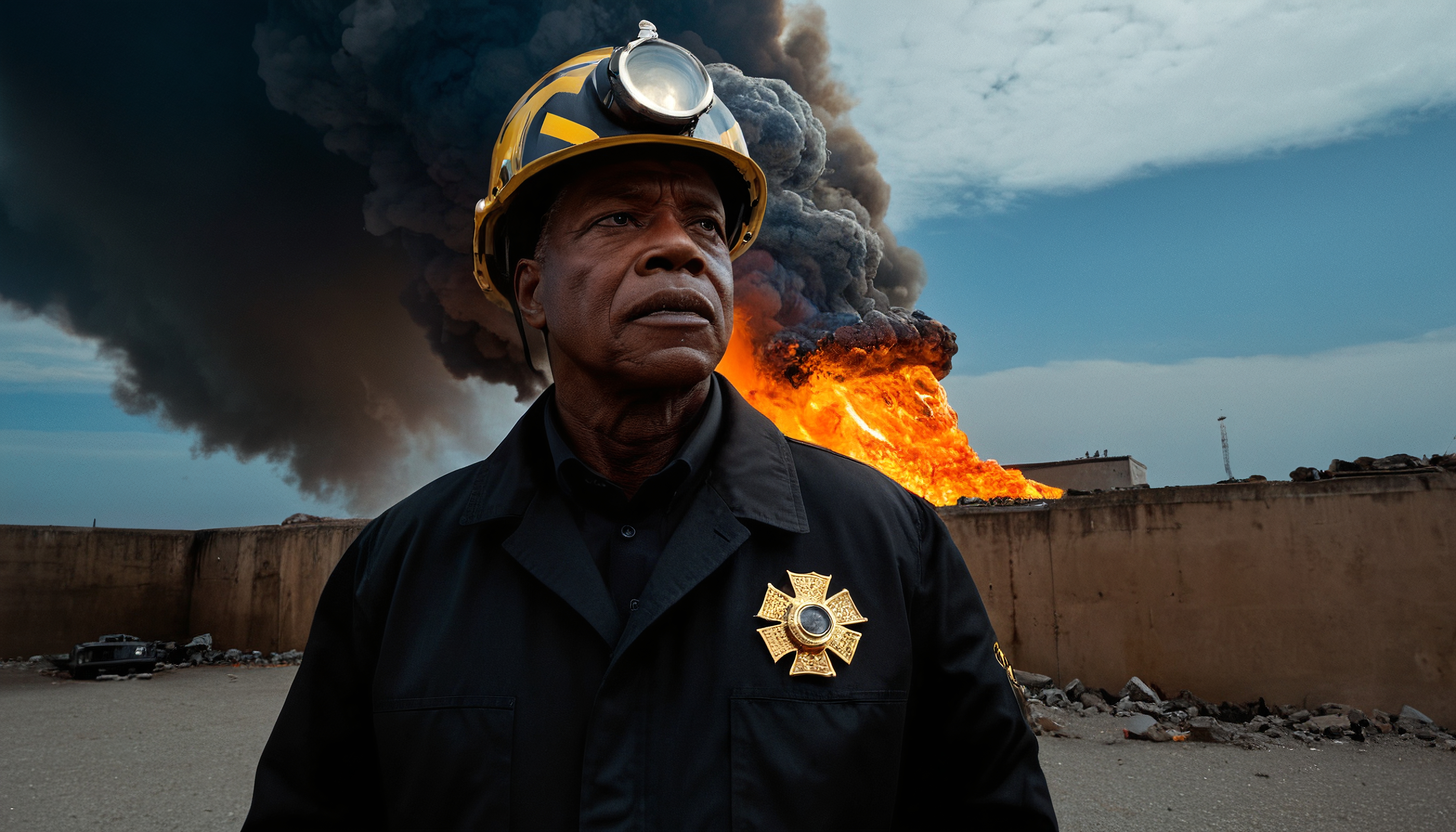 A determined firefighter stands amidst a raging industrial blaze, with smoke and flames in the background.