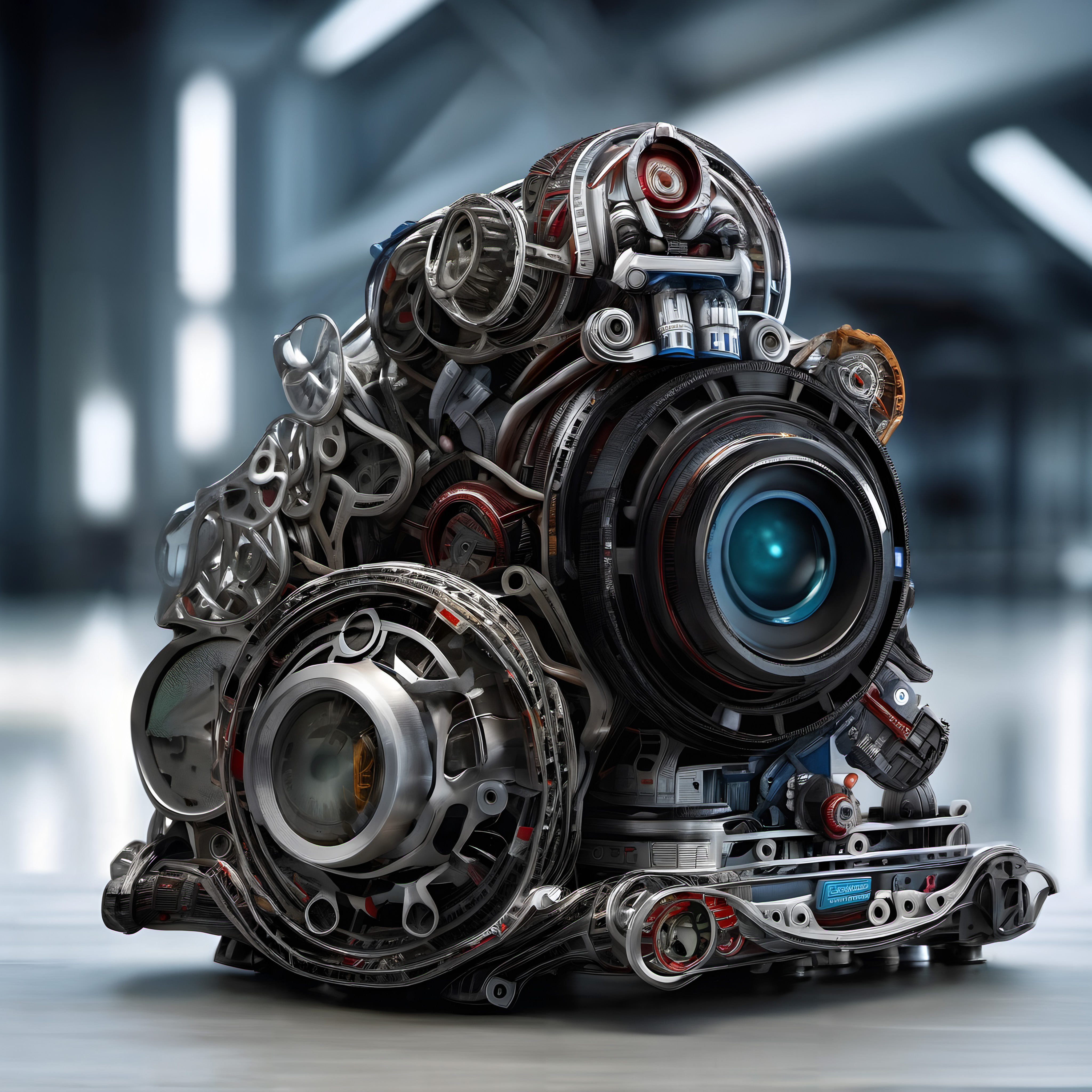 Futuristic, intricate machine with a lens resembling complex industrial design.