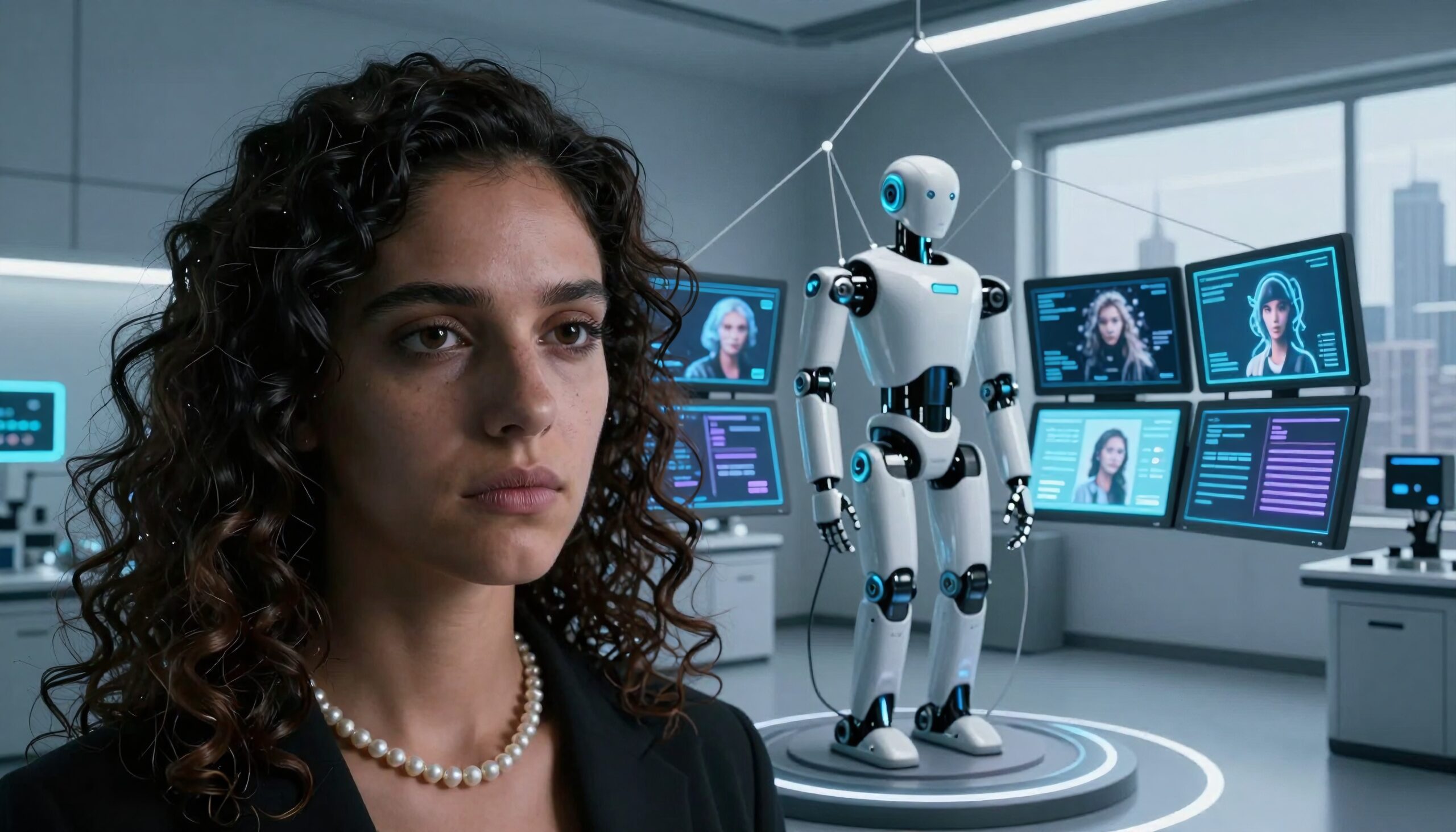 Futuristic laboratory with woman and humanoid robot analyzing digital data on high-tech displays.