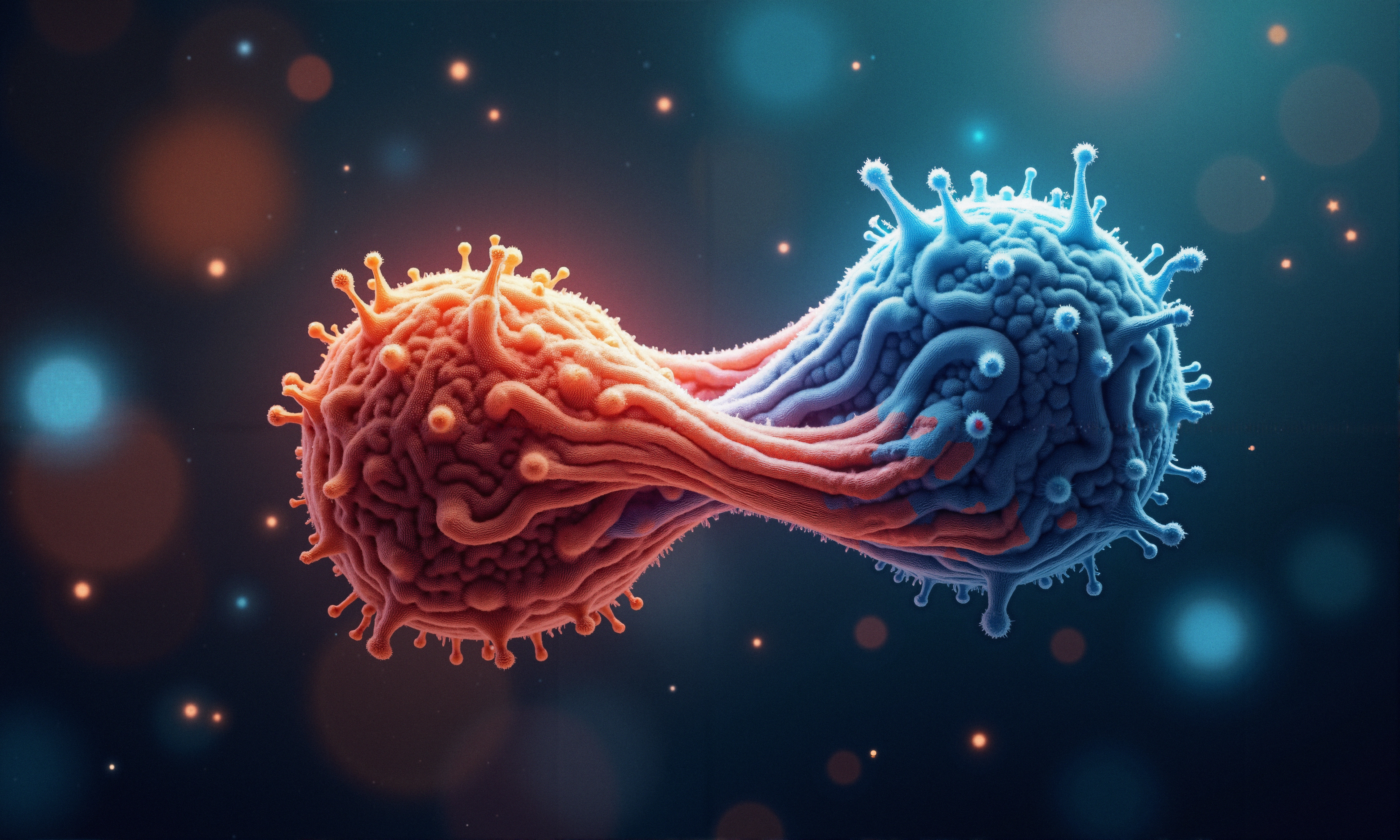A detailed illustration of two dividing cells in vibrant colors with a dark, bokeh background.
