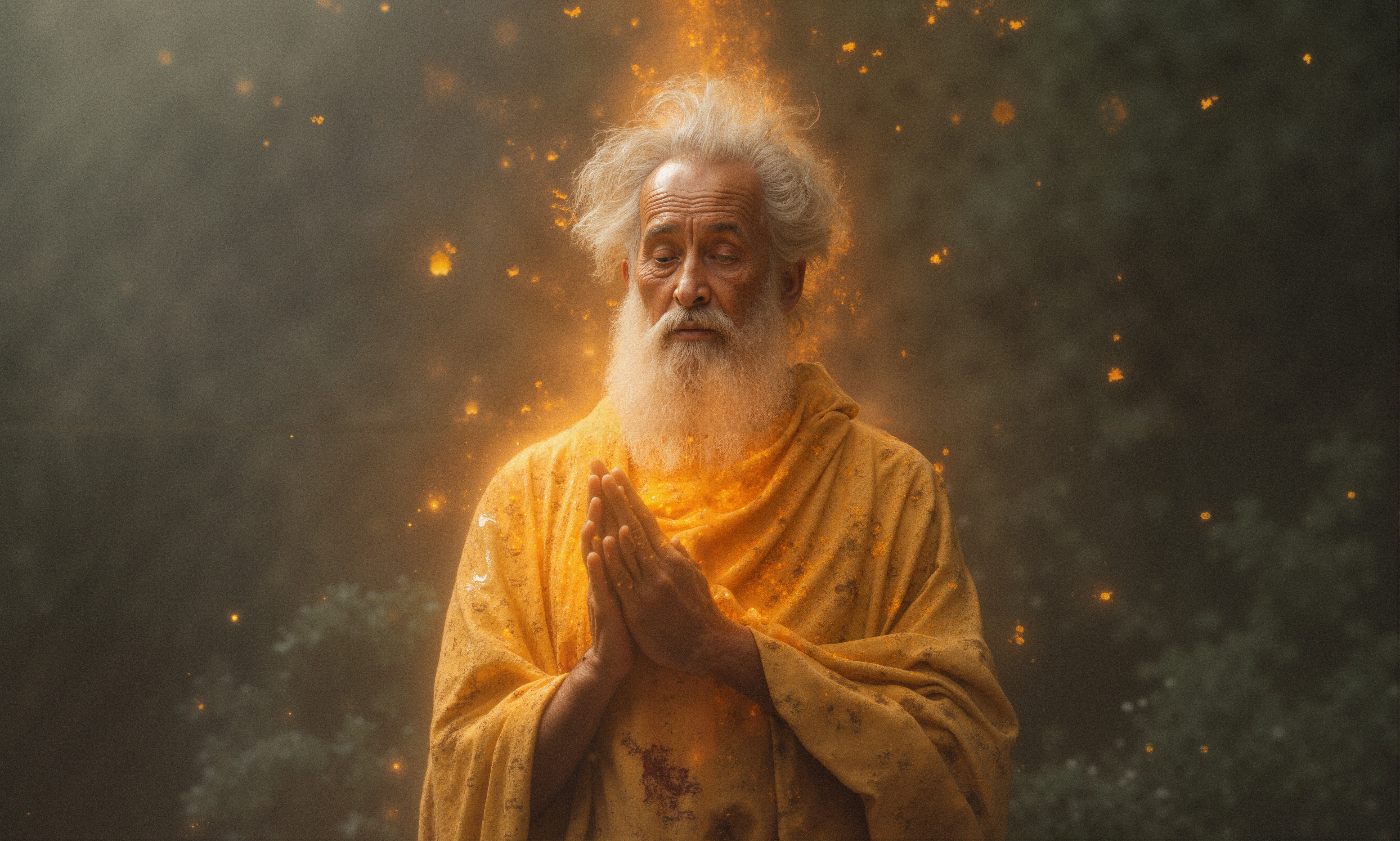 A serene elderly man in saffron robe surrounded by magical glowing sparks.