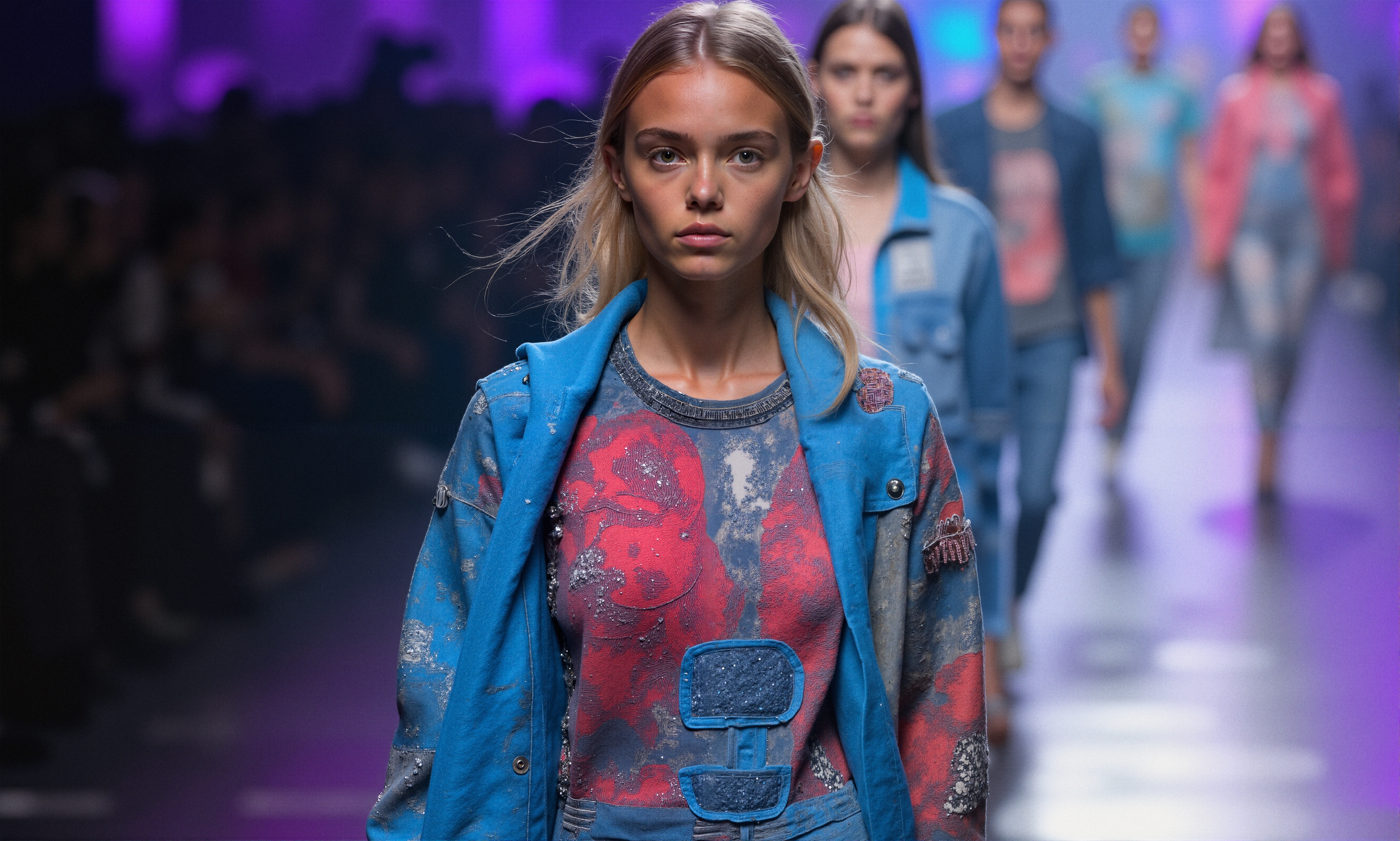 A fashion model on the runway wearing a colorful, artistic blue and red ensemble at a high-profile fashion show.