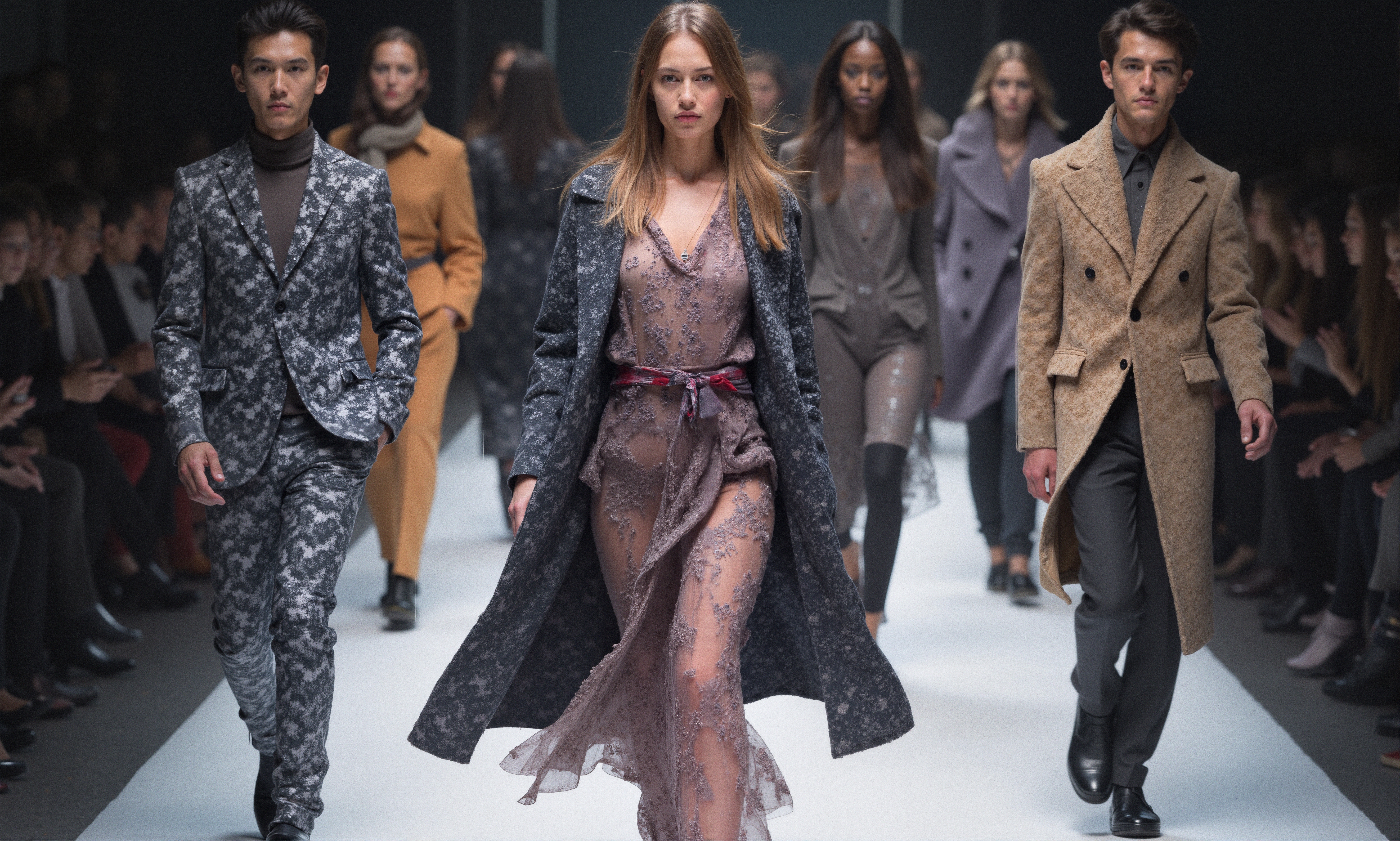 Diverse models showcase elegant attire on runway.
