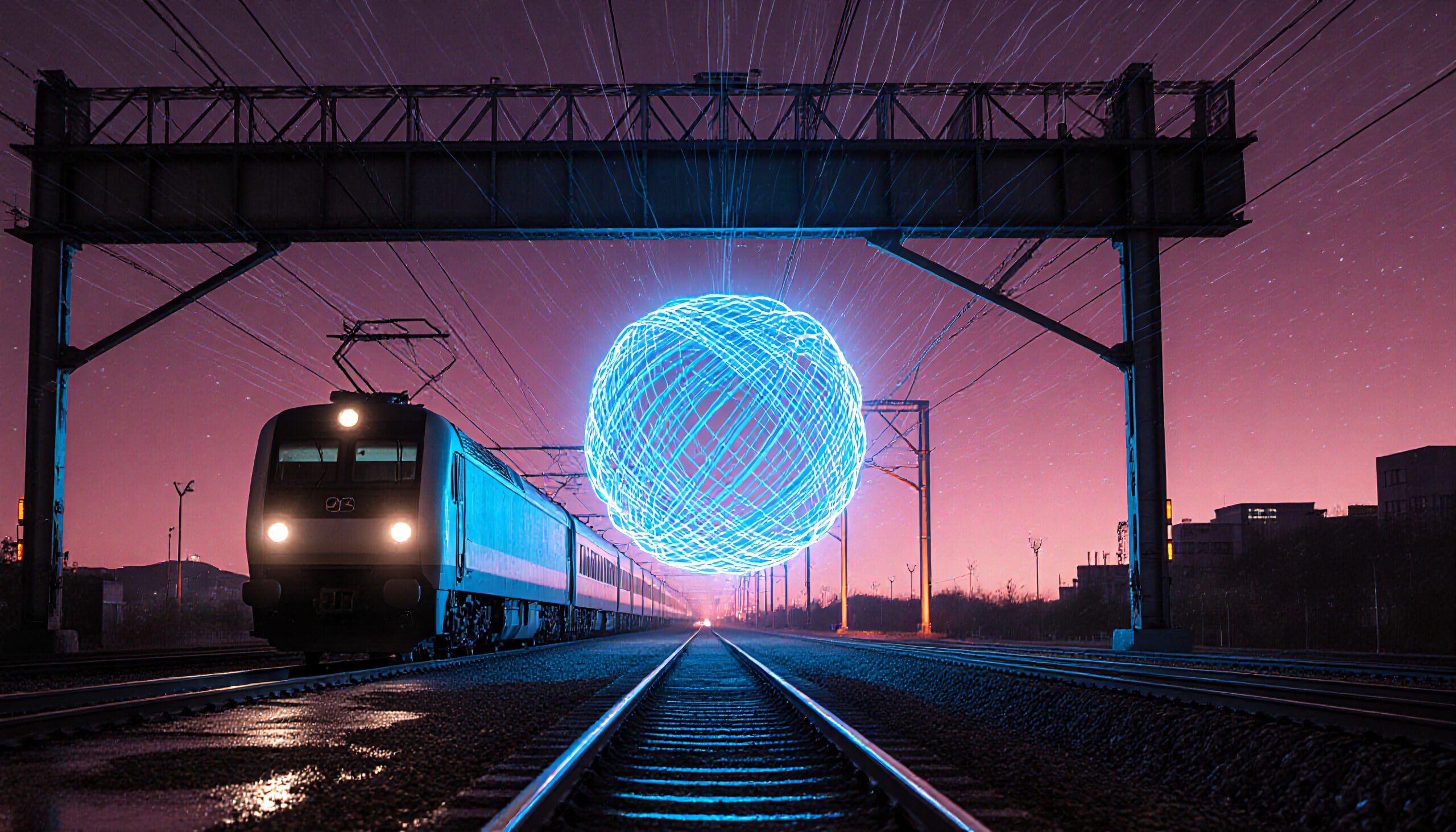 Train traveling with glowing orb overhead in ethereal urban landscape.