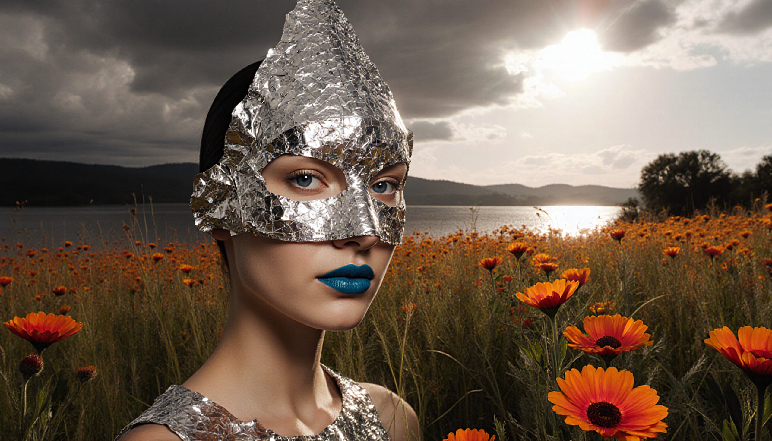 A masked woman stands in a vibrant flower field by a lake.